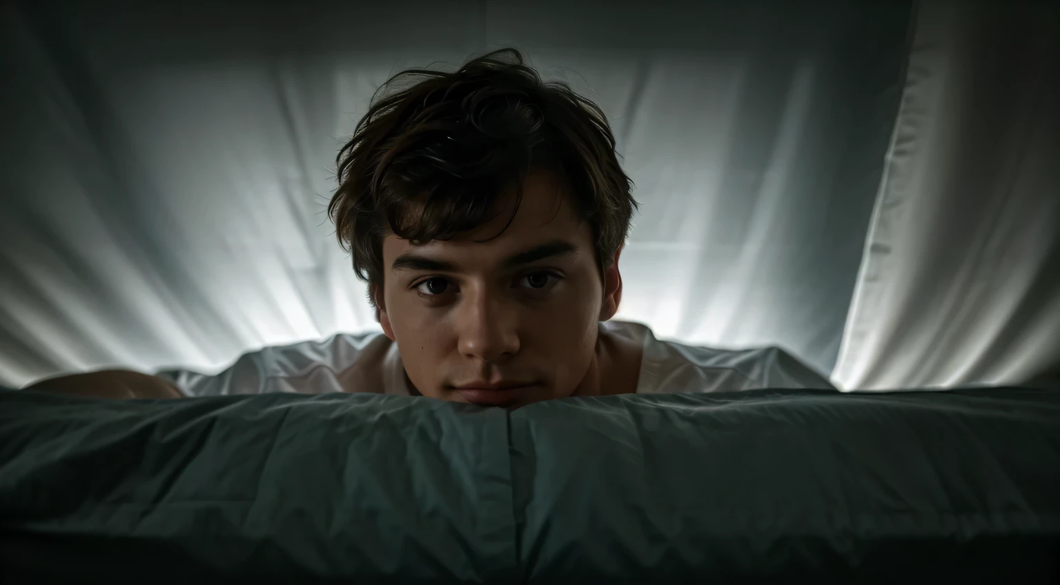 (best quality,highres,ultra-detailed:1.2), HDR, vivid colors, young man lay under bed sheets, lay in bed covers, dark ambient light