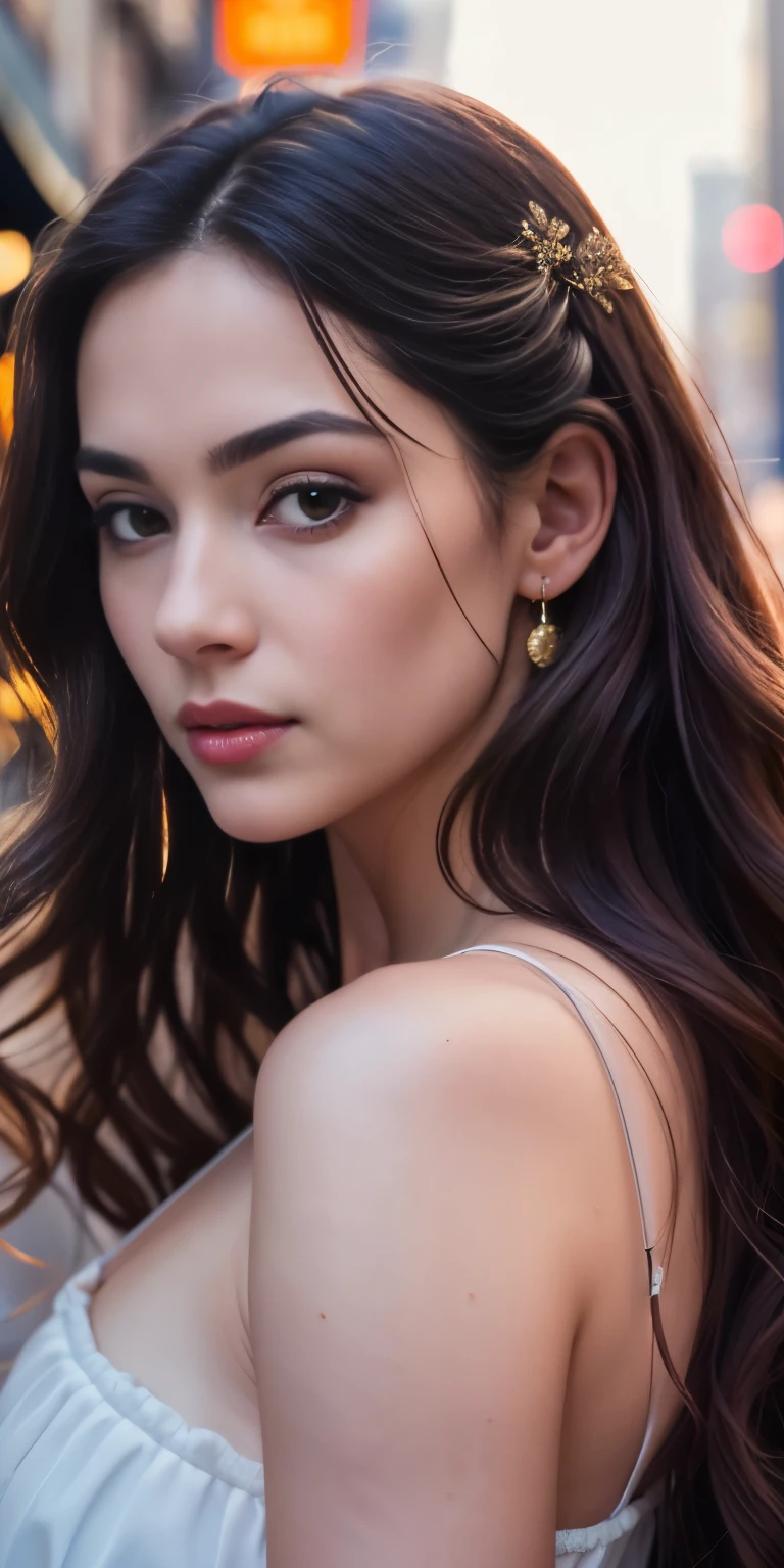 Full face portrait photo of a 25-year-old European girl, RAW, beautiful woman, semi-open strawberry lips, dimples, wistful look, (extra long wavy brown hair), ((detailed face)), ((detailed facial features)), (finely detailed skin), pale skin, (deep neckline detailed dress), new york city environment, (cool colors), reflections, (masterpiece) (perfect proportion)(realistic photo)(best quality) (detailed) shot on a Canon EOS R5, 50mm lens, F/2.8, HDR, (8k) (wallpaper) (cinematic lighting) (dramatic lighting) (sharp focus) (intricate),RAW photo, posing for camera, 8k uhd, dslr, high quality, grain film, Fujifilm XT3