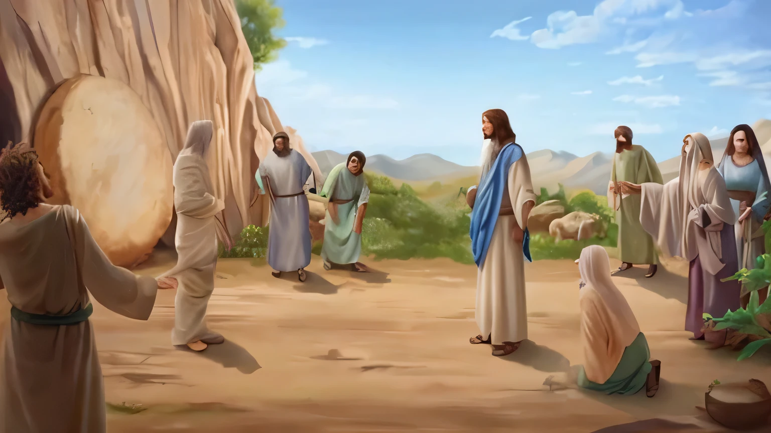 Arafa painting of Jesus and his disciples in a desert setting, bible illustration, filme de animation still, jesus wasted at a party, transformation scene, biblical painting, biblical image, por Meredith Dillman, colorful illustration, kinematics, biblical art style, cena triste, por Mateus D. Wilson, transformation scene-h 768, bela cena, animation still