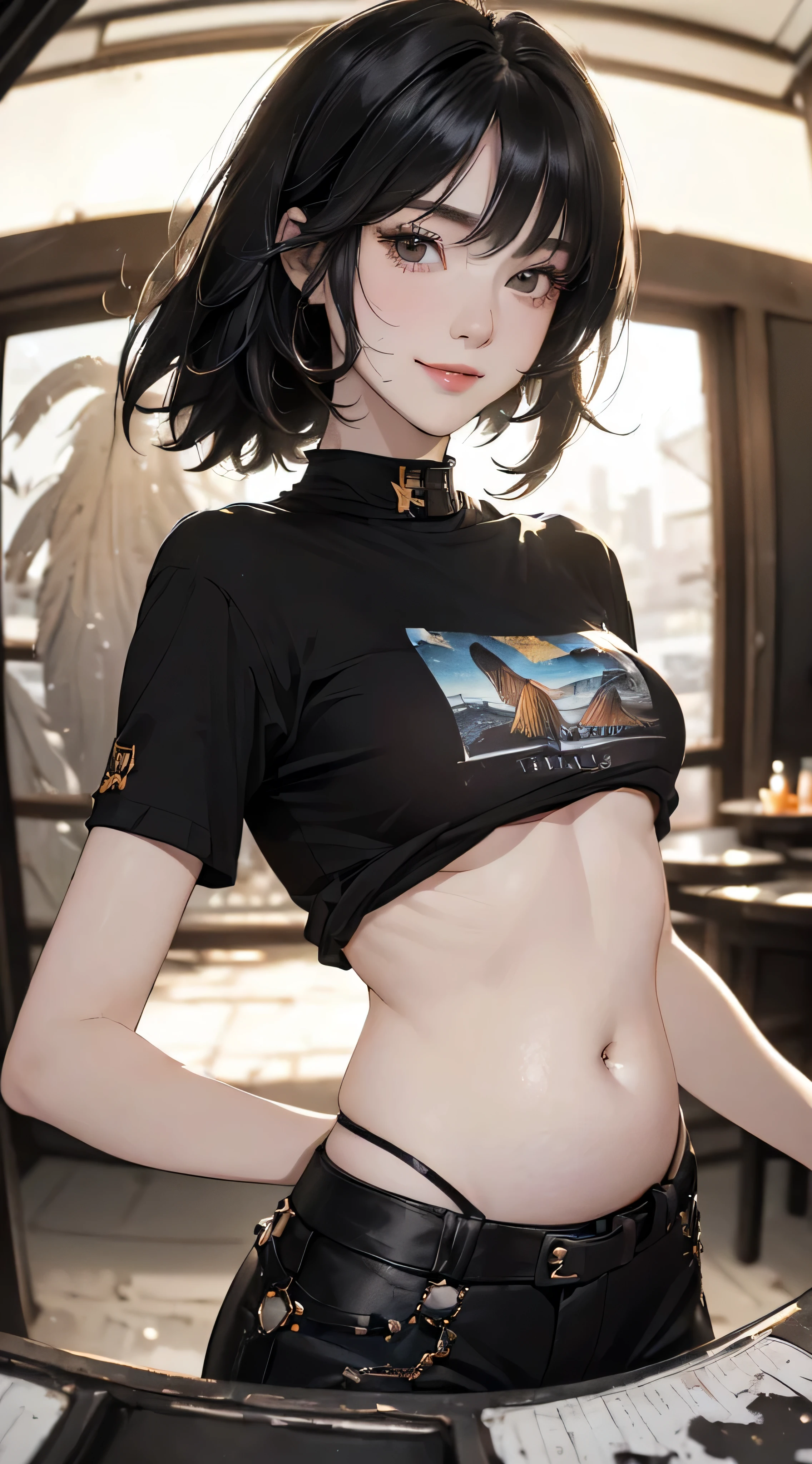 (((Highly detailed CG unit 8k wallpaper:1.2, masterpiece, High resolution:1.2, highest quality:1.2, table top))), ((very beautiful woman, Short T-shirt that shows your belly button:1.5)), ((highly detailed face, Highly detailed black eyes, extra detailed body, highest qualityのリアルテクスチャスキン)), (black haired:1.2, short bob hair:1.2, long haired person, white skin, smile), ((Alley without people, Mileland, Desolate battlefield:1.2)), (high angle:1.2, close, Fisheye:1.4), surreal, digital paint,