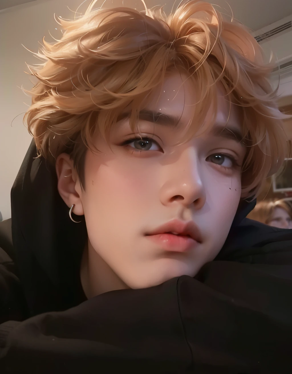 Un primer plano de una persona con un piercing en la nariz, cai xukun, Jimin\la nariz griega, Jimin\los labios carnosos, Jimin\his right eyelid is swollen, pintar ulzzang, 1 7--old with a thin face, kim doyoung, accurate Jimin face, Jinyoung Shin, TaeJune Kim, jungkook, calidad, 4k, cute face, kpop boy, uzzlang boy, boy