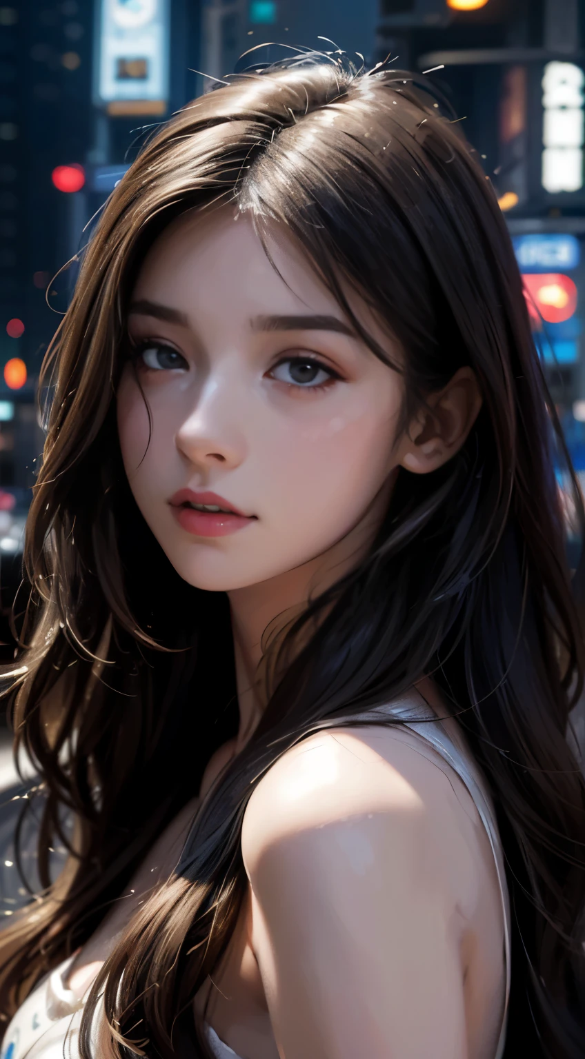 Full face portrait of a 25-year-old European woman, captured in RAW format, showcases a beautiful, eager expression with half-open strawberry lips and subtle dimples. Her extra-long, wavy brown hair cascades down her shoulders in sleek, detailed waves. Displaying a ((detailed face)), this woman boasts ((detailed facial features)), fine, pale skin that glows under cinematic lighting in a cool cyberpunk big city setting.

Shot on Canon EOS R5 with a 50mm lens, an F/2.8 aperture, and utilizing HDR technology, this ((masterpiece)) in 8k ultra HD wallpaper