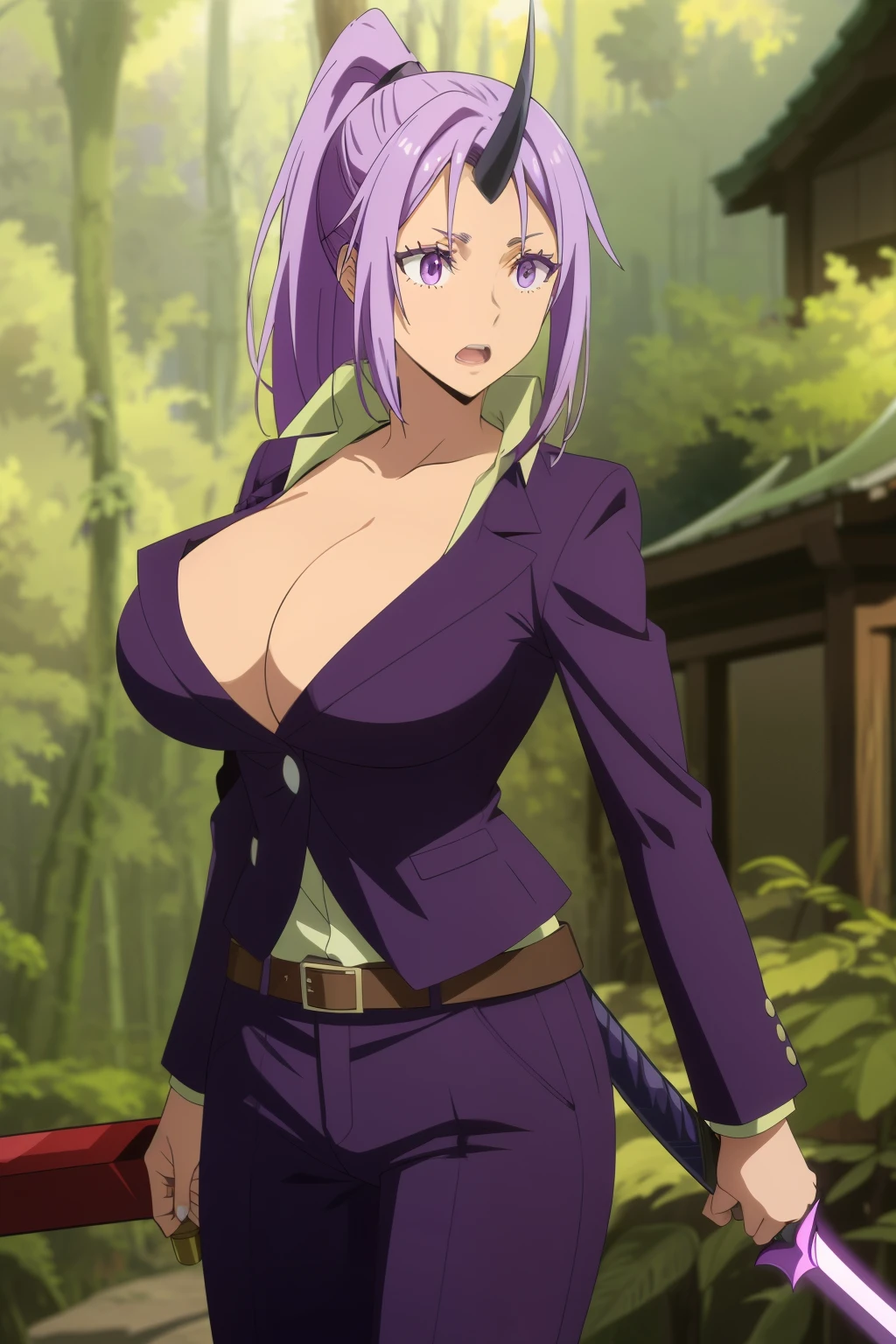 shion1 girl, belt, chest, cleavage, clavicle, holding, holding_sword, holding_arm, Horns, knife, big_chest, length_hair, Open_mouth, pants, ponytail, purple_eye, purple_hair, purple_Jacket, shirt, single_Horn, alone, sword, very_length_hair, arm, forest background, forest background