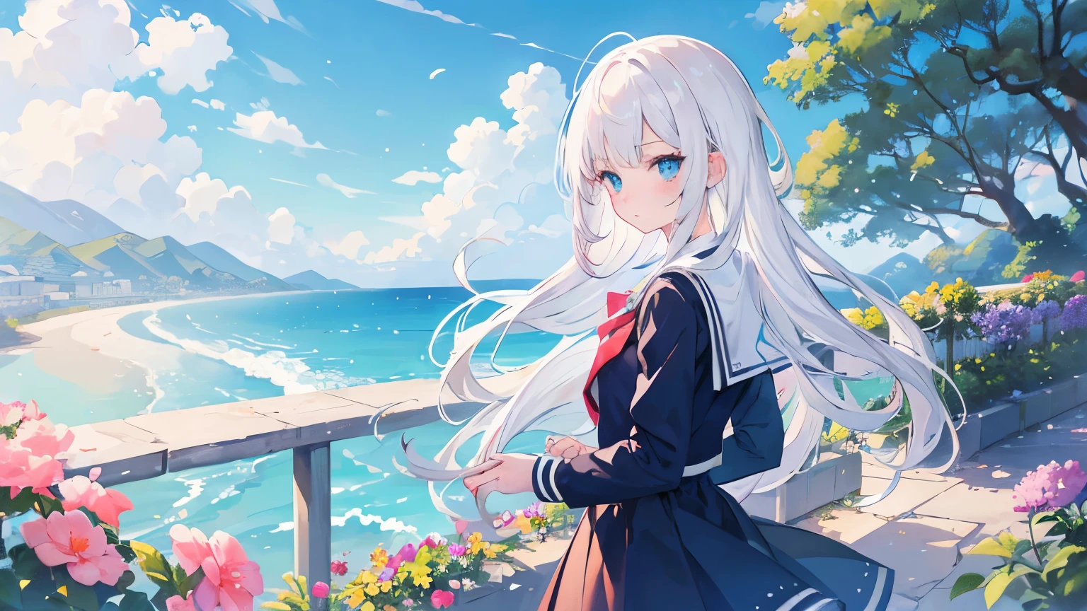 masterpiece, best quality, teen girl, white hair, long hair, princess hair, slim waist, school uniform, blushing hard, bright blue sky, school, aqua eyes, shy expression, composition, perspective, flowers, beautiful scenery