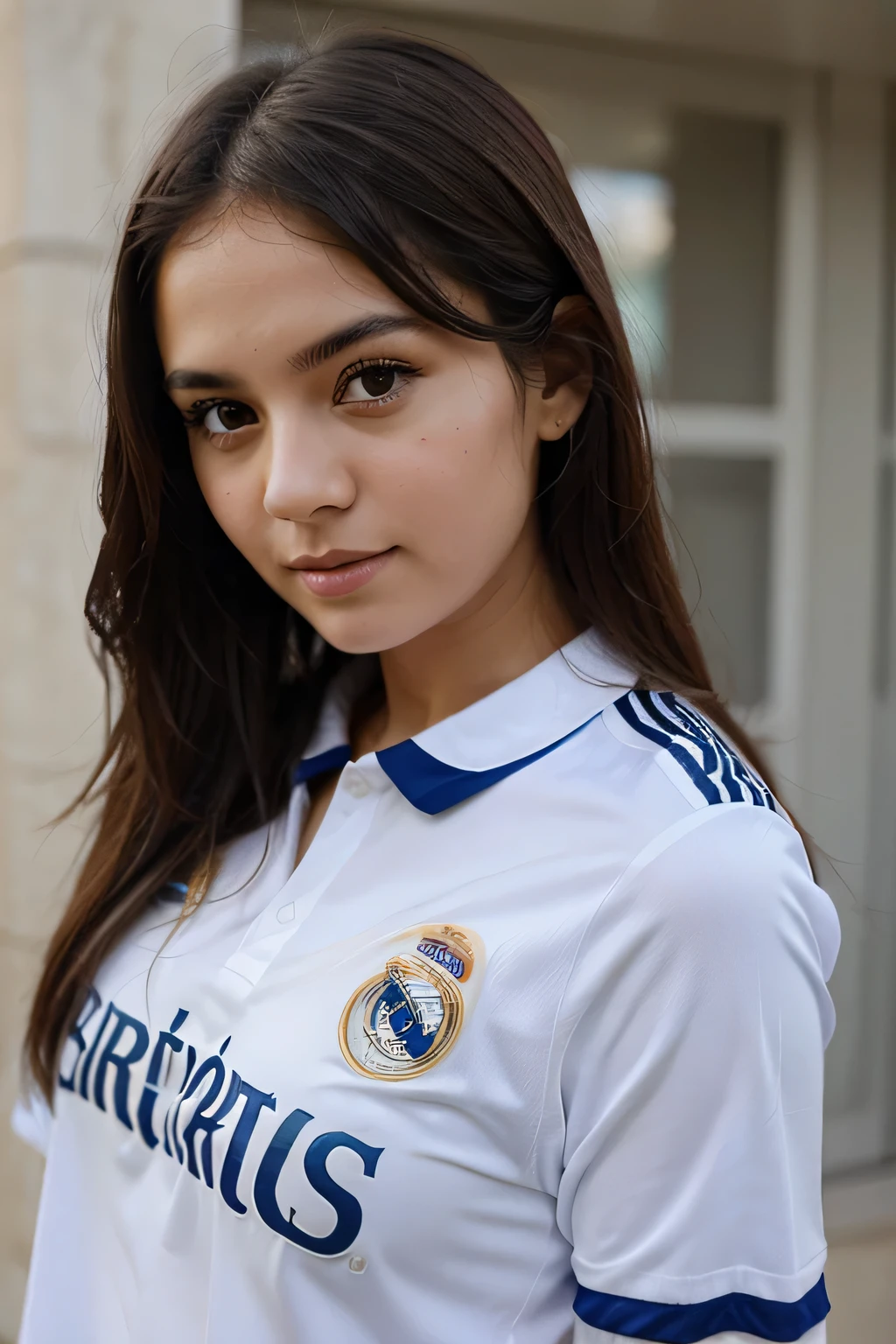 cute girl look so lovely, wearing Real madrid uniform