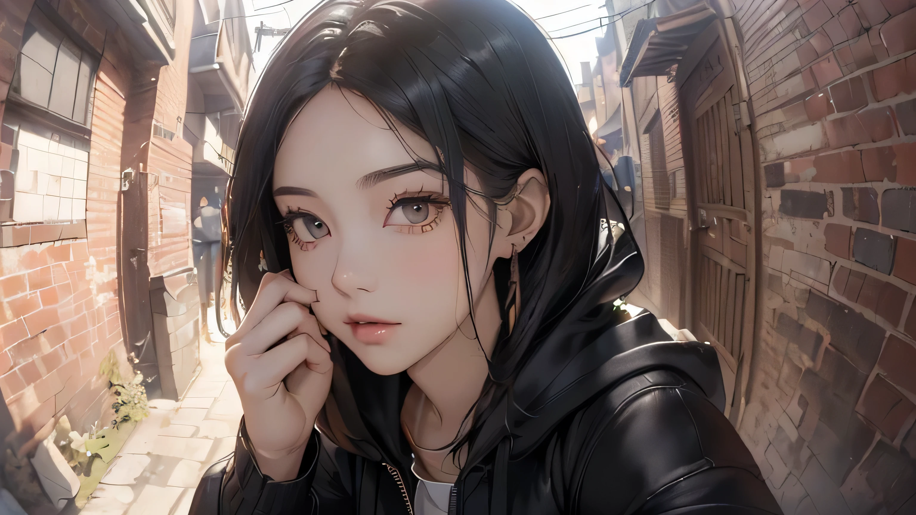 (((Highly detailed CG unit 8k wallpaper:1.2, masterpiece, High resolution:1.2, highest quality:1.2, table top))), ((very beautiful woman, Street fashion:1.5, Wearing a hooded jacket:1.3, wearing boots:1.3, put one'Hand in hand'pocket of:1.8)), ((highly detailed face, Highly detailed black eyes, extra detailed body, highest qualityのリアルテクスチャスキン)), (black haired:1.2, straight hair:1.2, long haired person, white skin), ((alley, Mileland, surrounded by a brick wall:1.2)), (high angle:1.2, close, Fisheye:1.4), surreal, digital paint,