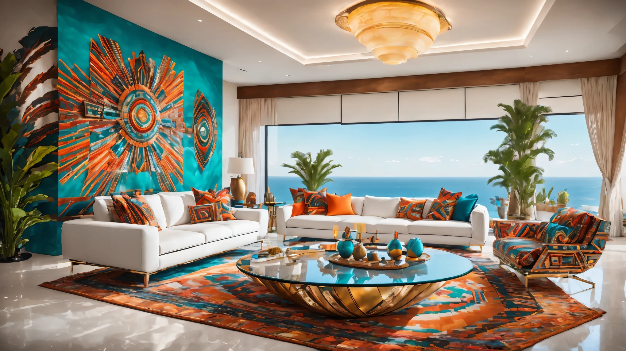 full of lights,luxury,Futuristic living room in tribal style,Modern décor,Bright colors,Geometric patterns,and stylish furniture,A central glass coffee table with metal accents, 周围是luxury的白色沙发,Metal walls decorated with tribal patterns, ambientlighting, Navajo rug,and floor-to-ceiling windows offering panoramic ocean views.,Emphasis on the contrast between traditional tribal elements and modern technological advancements，open concept living space,The room is spacious and airy,Floor mirrors,elegant marble floor,cascading house plants,Smart home technology,Artificial Intelligence Assistant,theater system,Modern art installation,abstract painting,An eye-catching color palette,A mix of warm and cool colors,Dynamic lighting effects,ambientlighting.(best quality,4K,high resolution,masterpiece:1.2),Super detailed,(actual,photoactual,photo-actual:1.37)