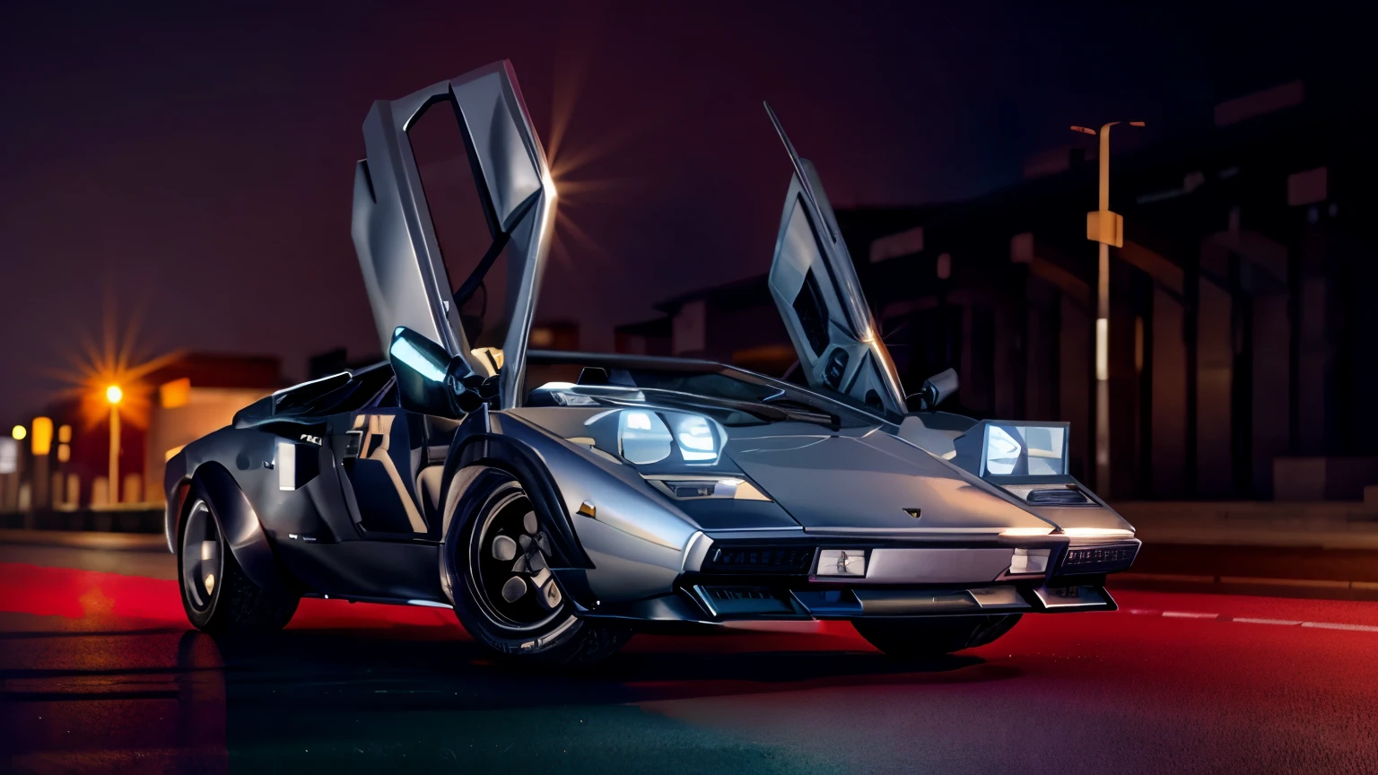iridescent silver Lamborghini Countach car on a road, (3 quarter view), Hasselblad, sharp focus, masterpiece, best quality, official art, extremely detailed CG unity 8k wallpaper, illustration, moving, background motion blur, wet, (((NIGHT))),neon lights, drift,