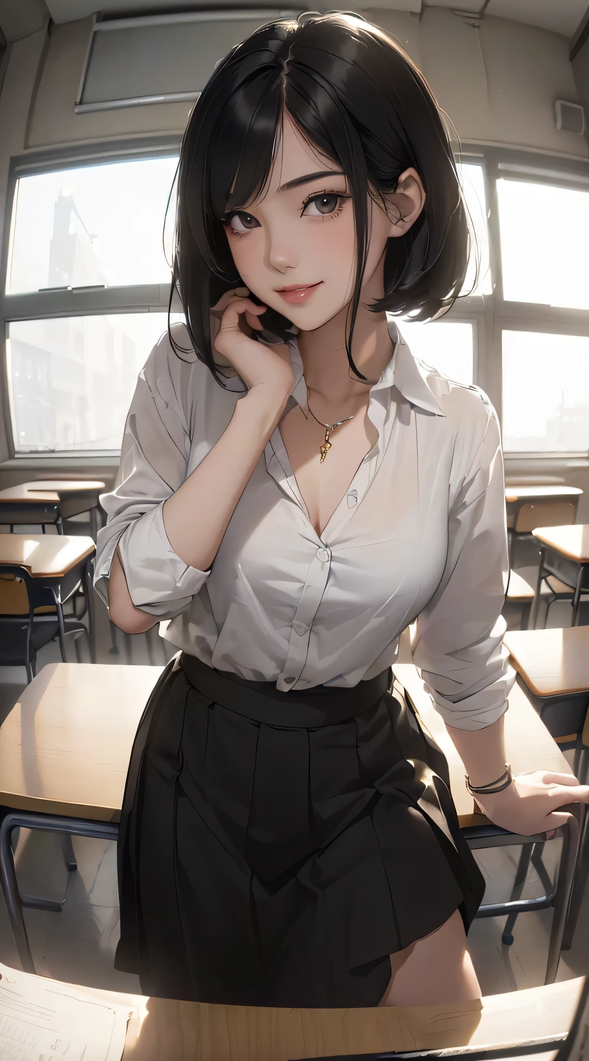 (((Highly detailed CG unit 8k wallpaper:1.2, masterpiece, High resolution:1.2, highest quality:1.2, table top))), ((very beautiful woman, sexy new school teacher:1.6)), ((highly detailed face, Highly detailed black eyes, extra detailed body, highest qualityのリアルテクスチャスキン)), (black haired:1.2, short bob hair:1.2, long haired person, white skin, smile), ((Alley without people, Mileland, In the classroom of the school:1.2)), (high angle:1.2, close, Fisheye:1.4), surreal, digital paint,