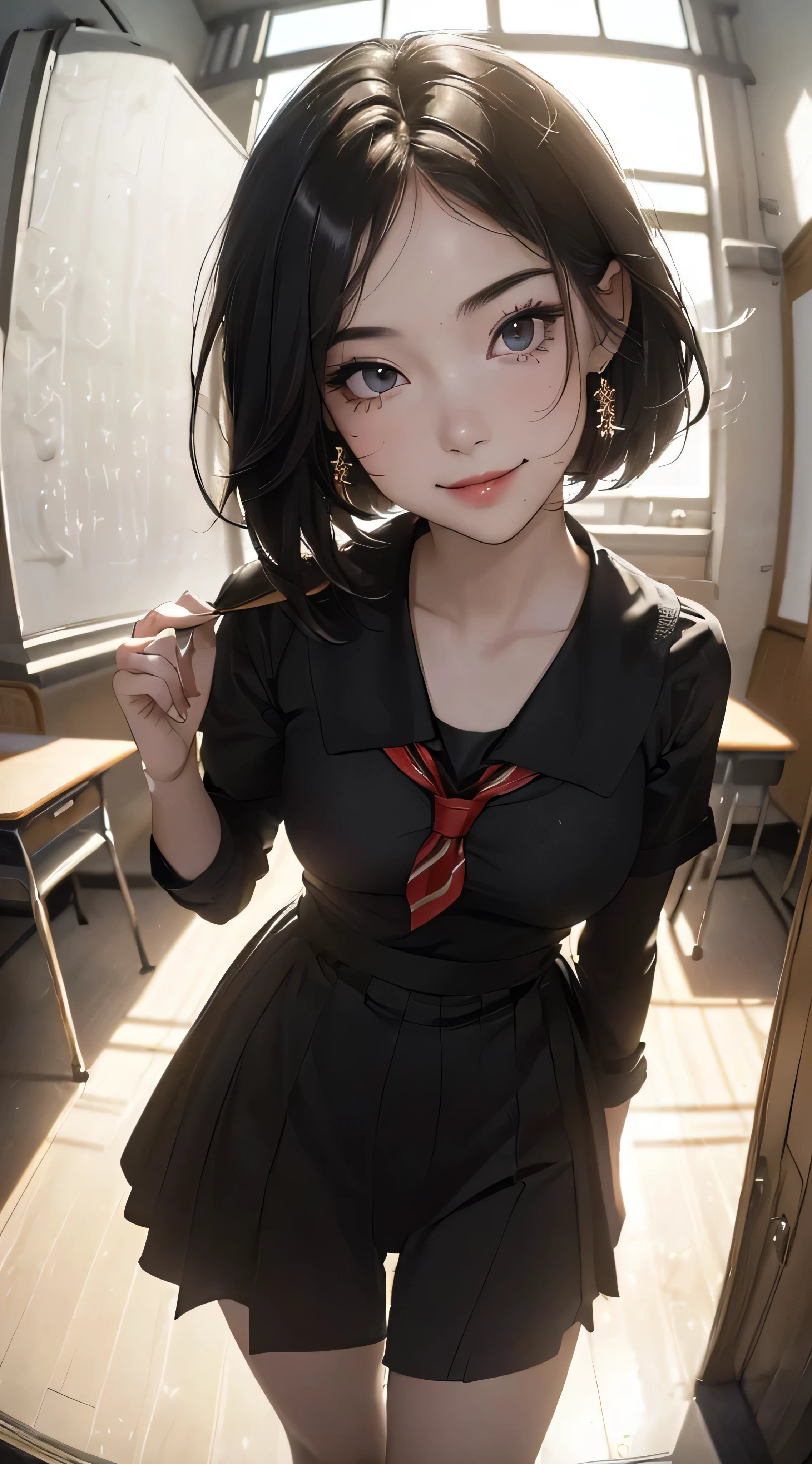 (((Highly detailed CG unit 8k wallpaper:1.2, masterpiece, High resolution:1.2, highest quality:1.2, table top))), ((very beautiful woman, sexy teacher trainee:1.6)), ((highly detailed face, Highly detailed black eyes, extra detailed body, highest qualityのリアルテクスチャスキン)), (black haired:1.2, short bob hair:1.2, long haired person, white skin, smile), ((Alley without people, Mileland, In the classroom of the school:1.2)), (high angle:1.2, close, Fisheye:1.4), surreal, digital paint,