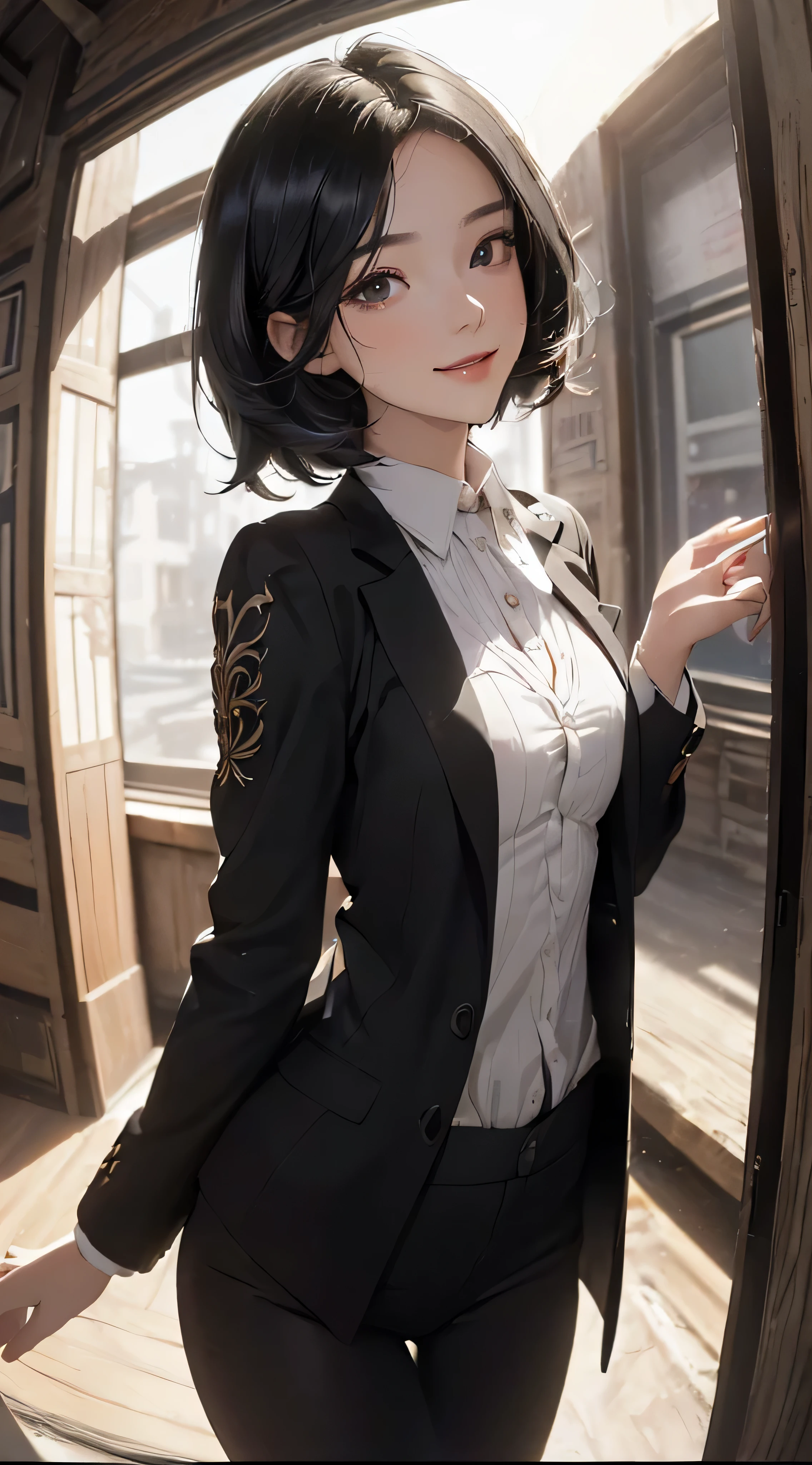 (((Highly detailed CG unit 8k wallpaper:1.2, masterpiece, High resolution:1.2, highest quality:1.2, table top))), ((very beautiful woman, A suit that clearly shows your body line:1.6)), ((highly detailed face, Highly detailed black eyes, extra detailed body, highest qualityのリアルテクスチャスキン)), (black haired:1.2, short bob hair:1.2, long haired person, white skin, smile), ((Alley without people, Mileland, In the classroom of the school:1.2)), (high angle:1.2, close, Fisheye:1.4), surreal, digital paint,