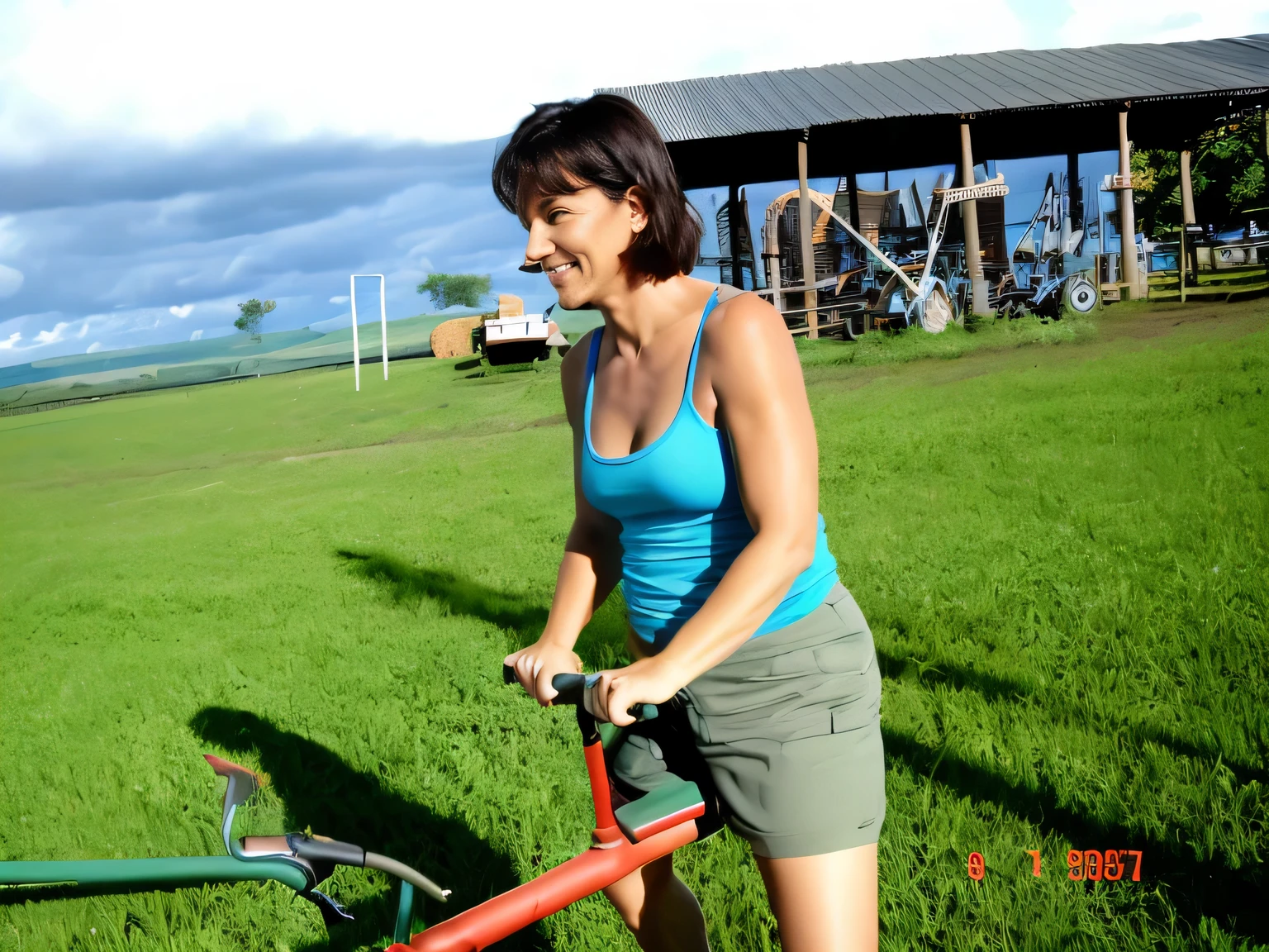 mulher de camiseta azul andando de bicicleta vermelha em um campo, malhando no campo, em uma fazenda, jardinagem. Mulher com pele branca bronzeada e cabelos escuros. ela tem cerca de 35 anos. high resolution, alta qualidade, obra de arte, 8k.