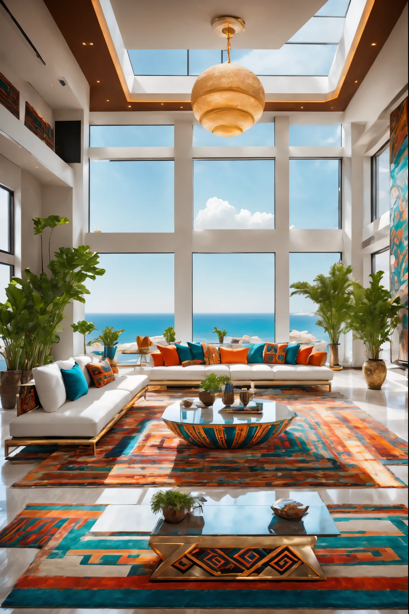 full of lights,luxury,Futuristic living room in tribal style,Modern décor,Bright colors,Geometric patterns,and stylish furniture,A central glass coffee table with metal accents, 周围是luxury的白色沙发,Metal walls decorated with tribal patterns, ambientlighting, Navajo rug,and floor-to-ceiling windows offering panoramic ocean views.,Emphasis on the contrast between traditional tribal elements and modern technological advancements，open concept living space,The room is spacious and airy,Floor mirrors,elegant marble floor,cascading house plants,Smart home technology,Artificial Intelligence Assistant,theater system,Modern art installation,abstract painting,An eye-catching color palette,A mix of warm and cool colors,Dynamic lighting effects,ambientlighting.(best quality,4K,high resolution,masterpiece:1.2),Super detailed,(actual,photoactual,photo-actual:1.37)