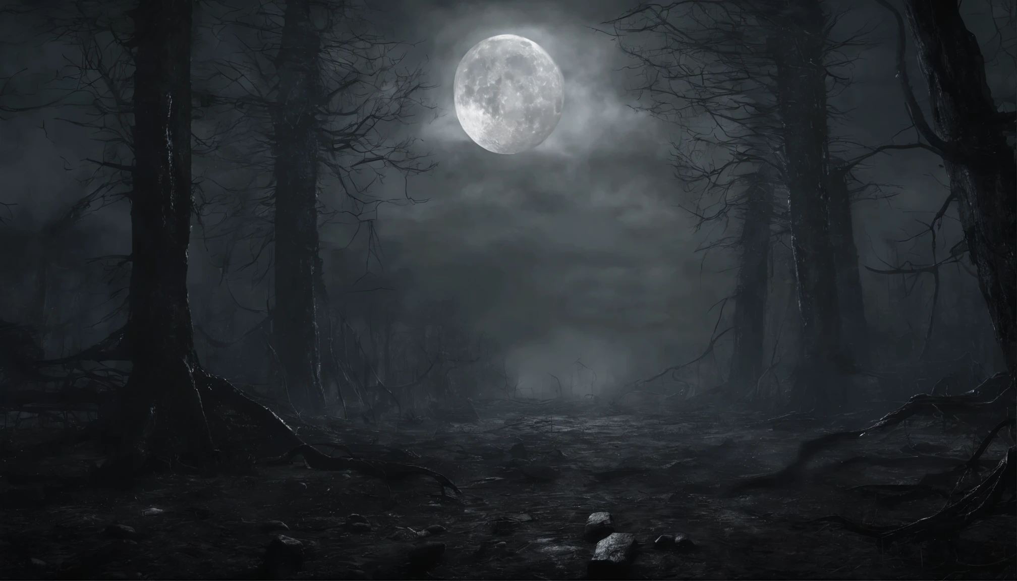 Photorealistic cinematic image, small traditional looking grey alien, nighttime, moonlight clouds forest.