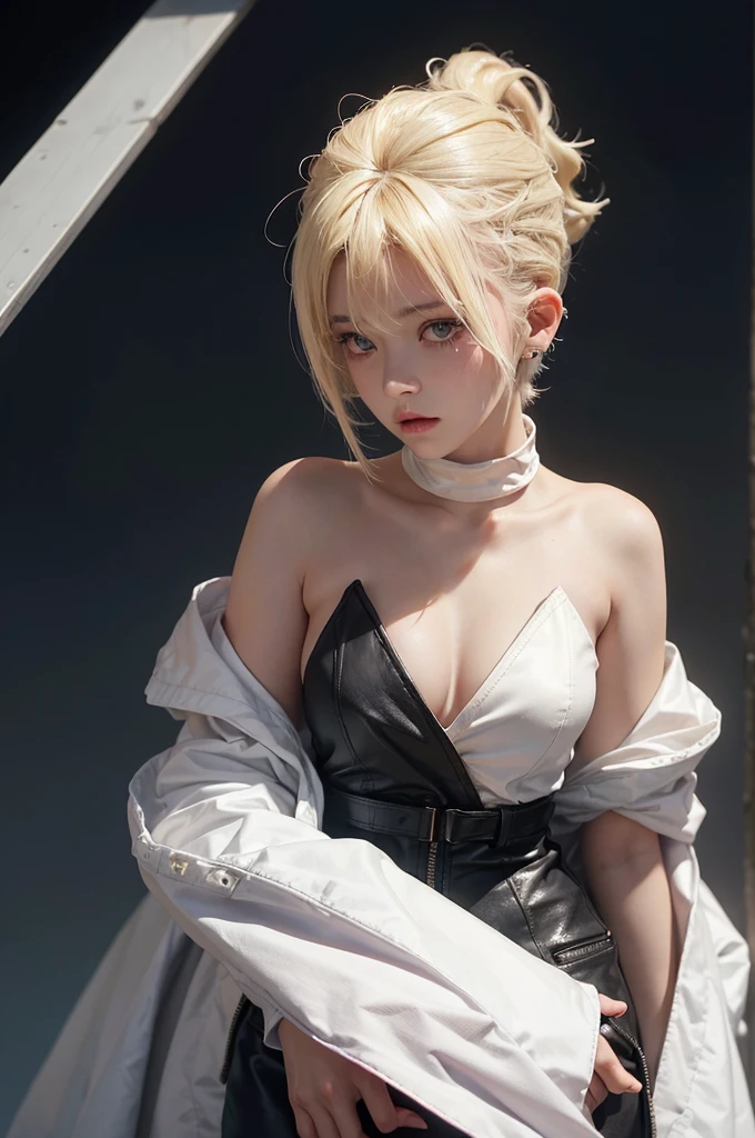 a 20 yo woman, blonde, (High top fade in and out:1.3), dark theme, soothing tone, pastel colors, high contrast, (natural skin texture, Surrealism, soft light, sharp)