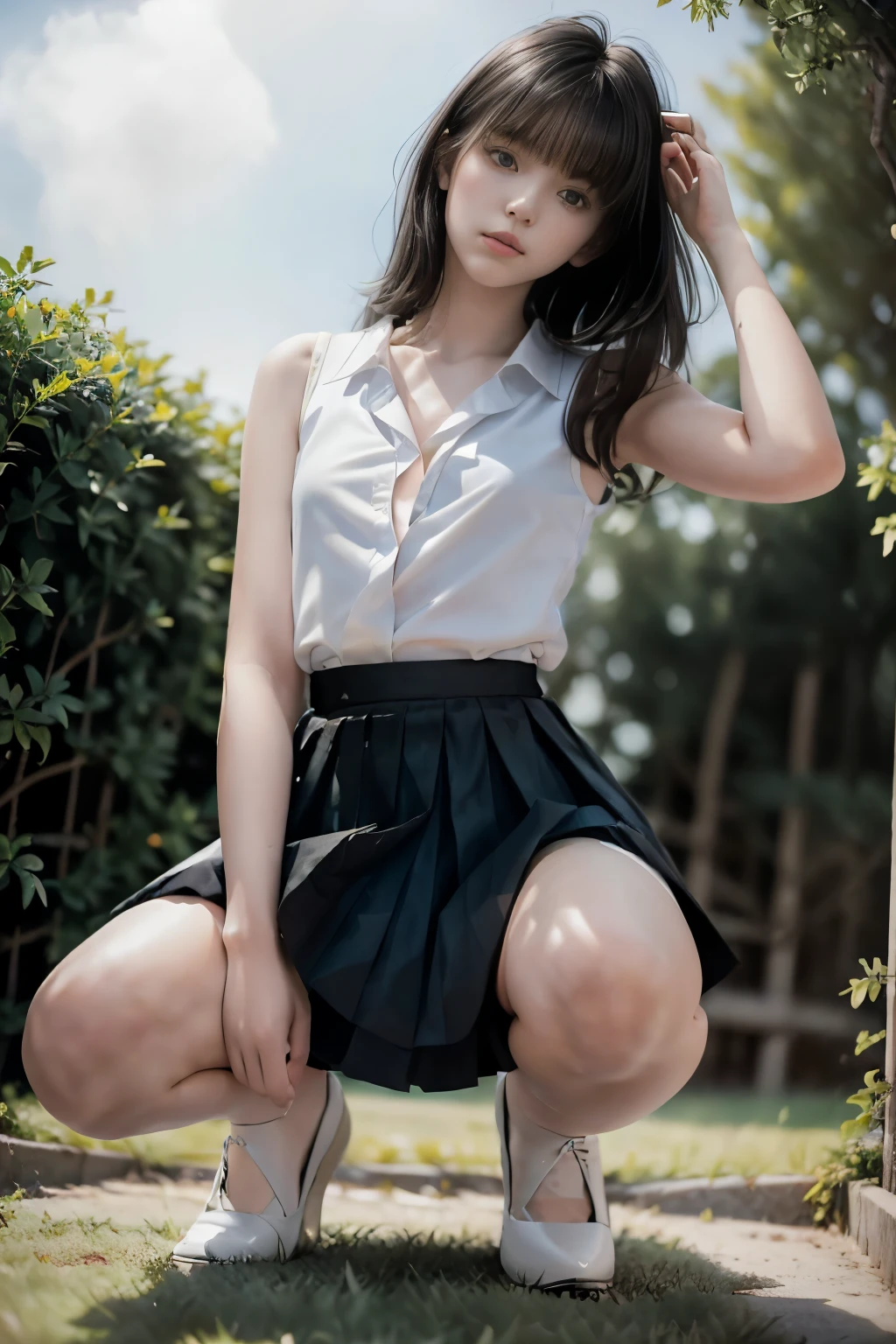 masterpiece, best quality, hyperrealistic, cinematic photo, 16 year old woman, pale skin, japanese amazing slim body, blouse, black pleated skirt, white panties, short black hair, large legs, perfect hands, beautiful face, perfect face, youthful, (blured background), modern style, from behind, from below, (low-angle shoot), underskirt shot, squatting, skirt lift,low_angle_human, (view viewer), looking at viewer, (8k, epic composition, photorealistic, sharp focus), sophisticated background, garden background, DSLR, foil grain, backlight