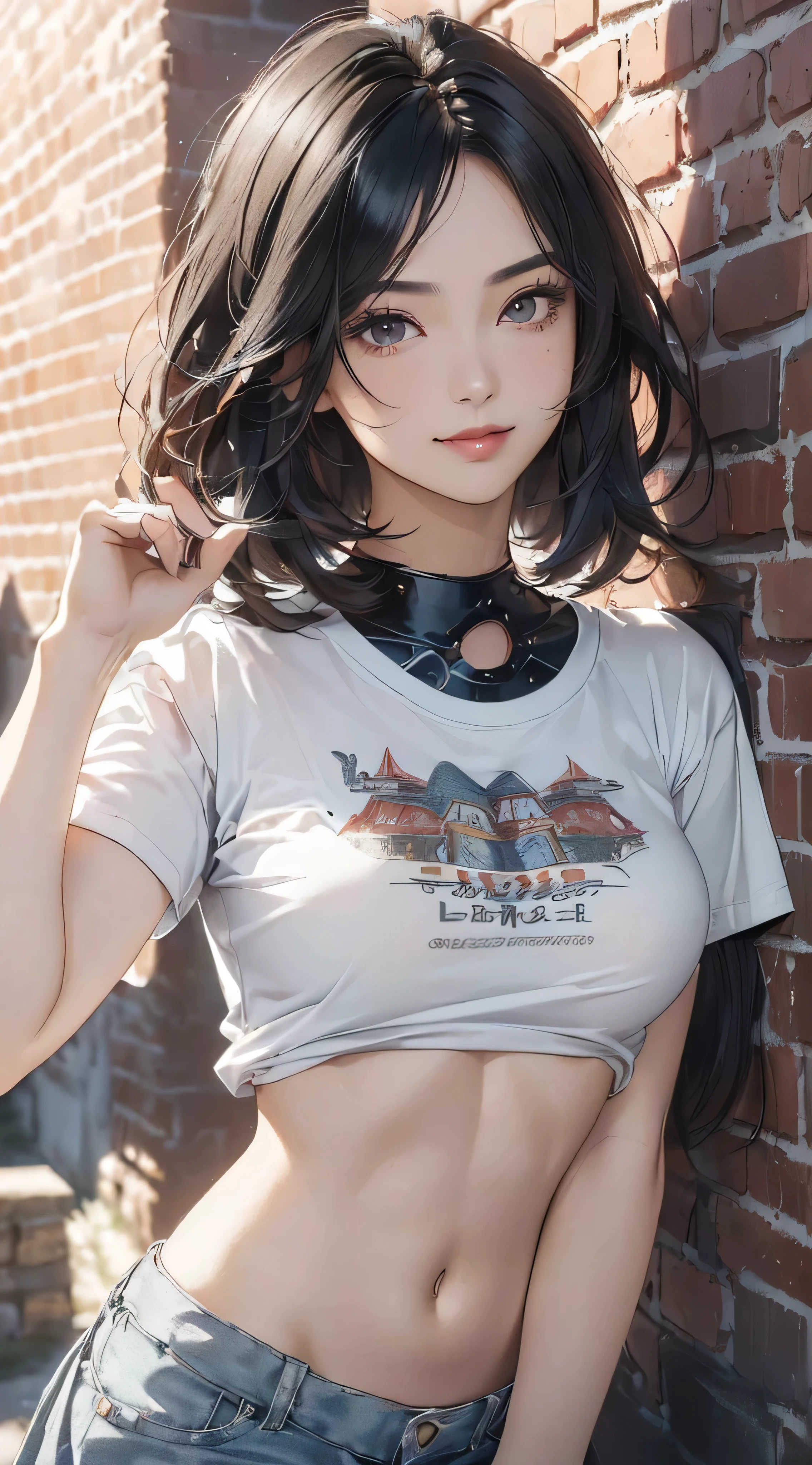 (((Highly detailed CG unit 8k wallpaper:1.2, masterpiece, High resolution:1.2, highest quality:1.2, table top))), ((very beautiful woman, A short T-shirt that shows off your toned stomach:1.5)), ((highly detailed face, Highly detailed black eyes, extra detailed body, highest qualityのリアルテクスチャスキン)), (black haired:1.2, short bob hair:1.2, long haired person, white skin, smile), ((Alley without people, Mileland, surrounded by a brick wall:1.2)), (high angle:1.2, close, Fisheye:1.4), surreal, digital paint,