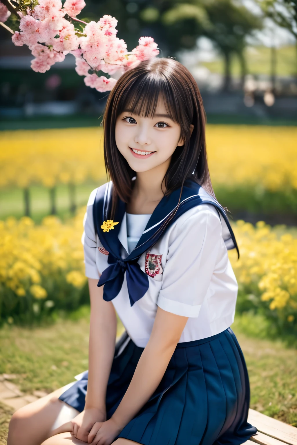 masterpiece, Best Quality, 8K, 1 girl, (18 years old), Teen ager, smile, Solo, (A super cute idol-like face:1.2), Delicate girl, Black hair, middle bob hair, straight hair, bangs, Looking at Viewer, Candid, Sophisticated, Professional Lighting, Film grain, whole body, beautiful figure, The background is a field of yellow rape blossoms and rows of cherry blossom trees, (White shirt, sailor school uniform, navy pleated skirt:1.2), tiny chest, Sitting on the bench,