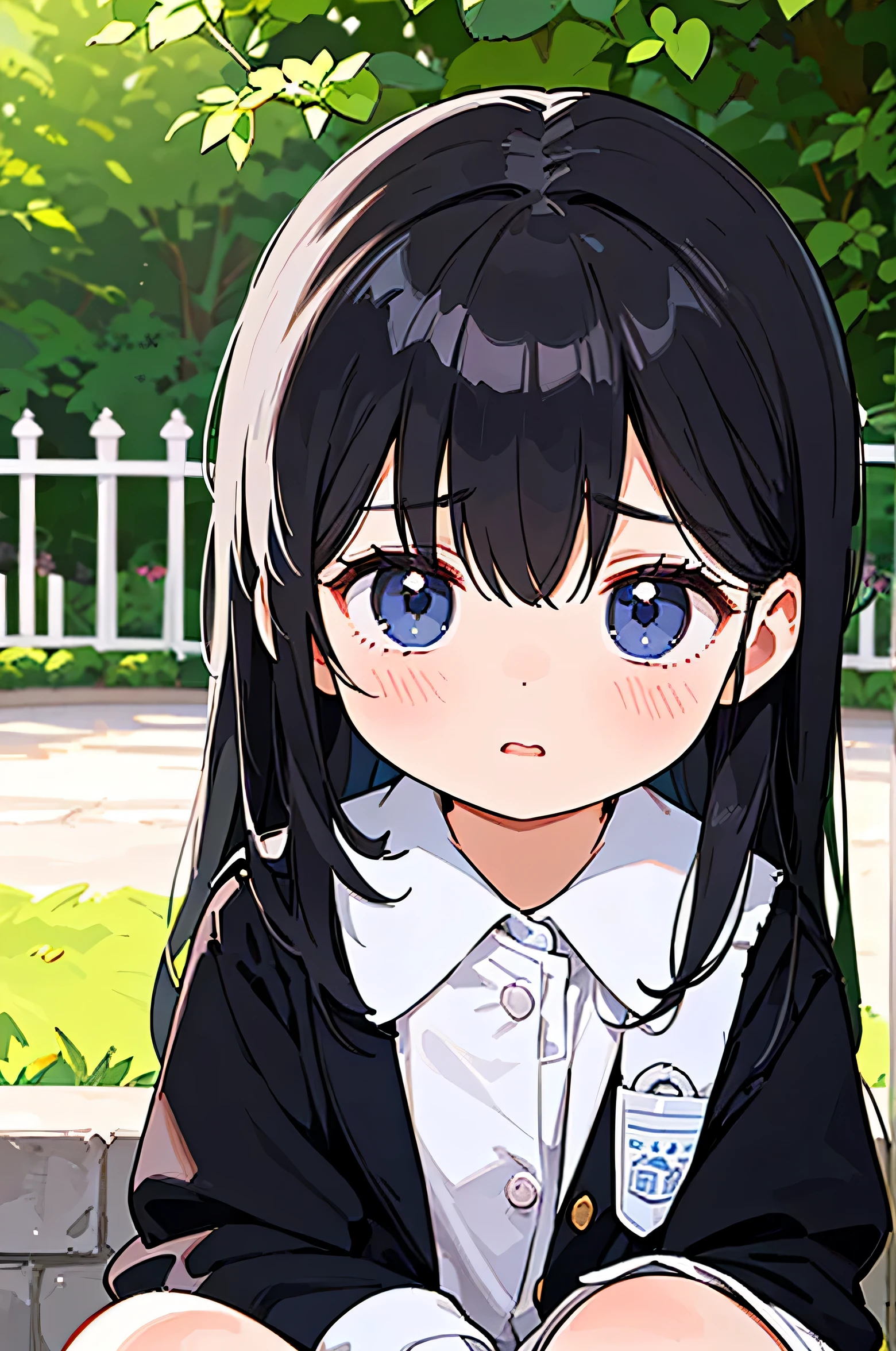 A girl with black hair is sitting in a garden wearing a white school uniform. His face is pale, revealing a sense of illness and sadness. The girl&#39;s eyes are detailed, mostrando uma pitada de tristeza, and your lips are beautifully detailed. She has a bandage on her arm and bandages wrapped around her injured leg.. 