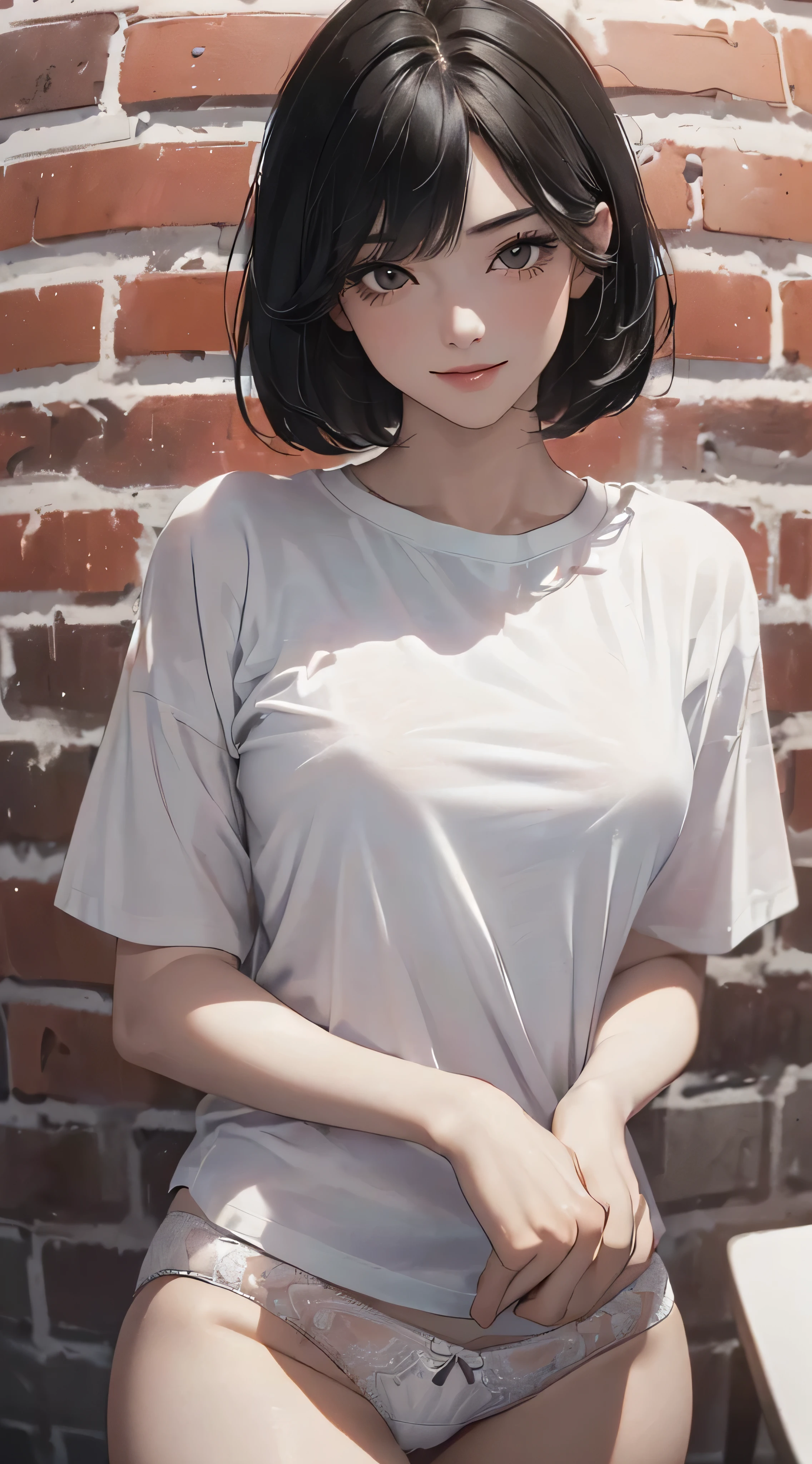 (((Highly detailed CG unit 8k wallpaper:1.2, masterpiece, High resolution:1.2, highest quality:1.2, table top))), ((very beautiful woman, My underwear is visible through my thin white T-shirt:1.8)), ((highly detailed face, Highly detailed black eyes, extra detailed body, highest qualityのリアルテクスチャスキン)), (black haired:1.2, short bob hair:1.2, long haired person, white skin, smile), ((Alley without people, Mileland, surrounded by a brick wall:1.2)), (high angle:1.2, close, Fisheye:1.4), surreal, digital paint,