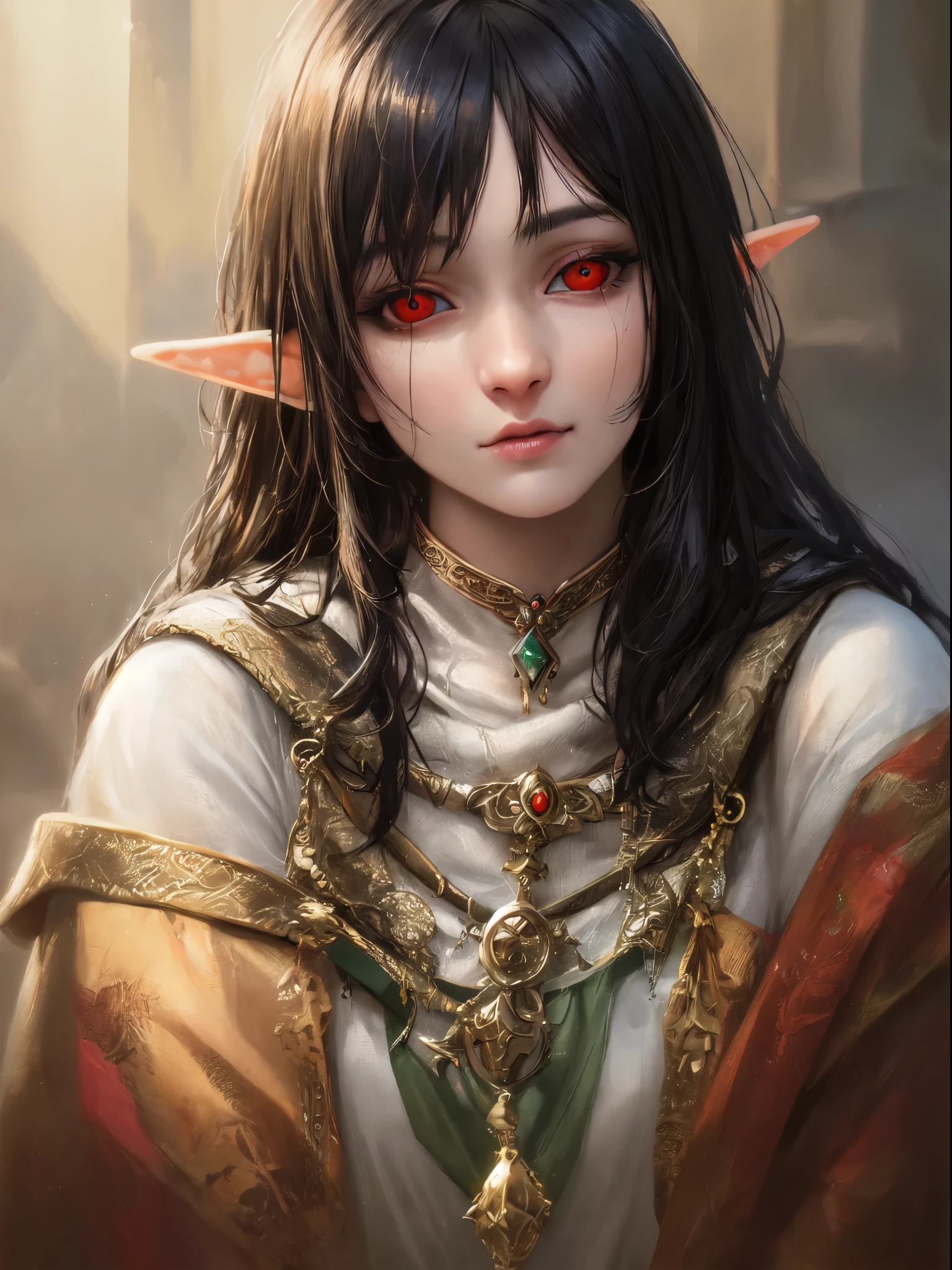 (realistic, painting style), mature, woman, elf, gray skin, fantasy clothes, long hair, black hair, beautiful hair, red eyes, black sclera, masterpiece, best quality, portrait, sharp eyes, realistic eyes, looking at viewer, dark cave,