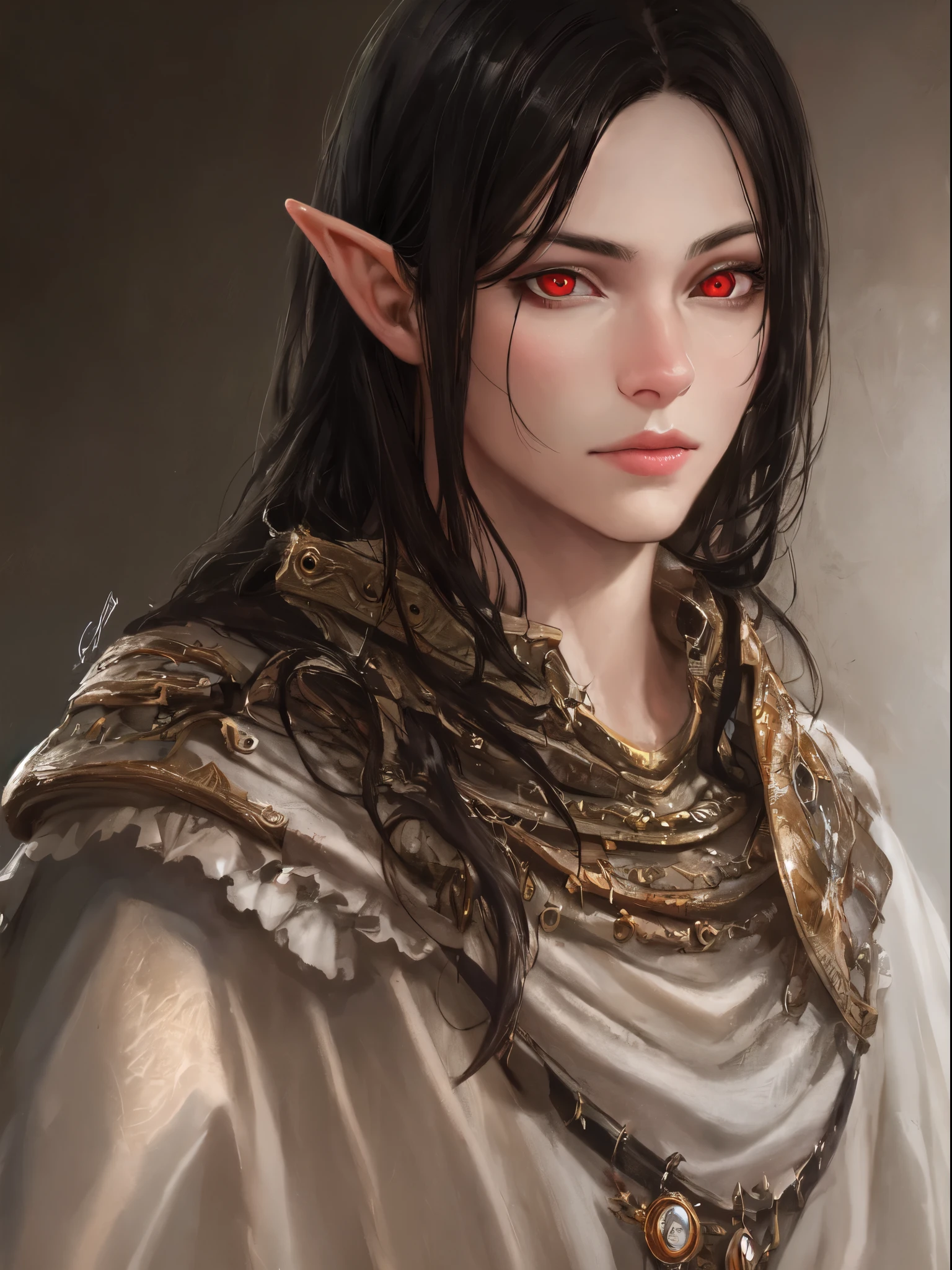 (realistic, painting style), mature, male, elf, gray skin, fantasy clothes, long hair, black hair, beautiful hair, red eyes, black sclera, masterpiece, best quality, portrait, sharp eyes, realistic eyes, looking at viewer, dark cave, curt hair, male