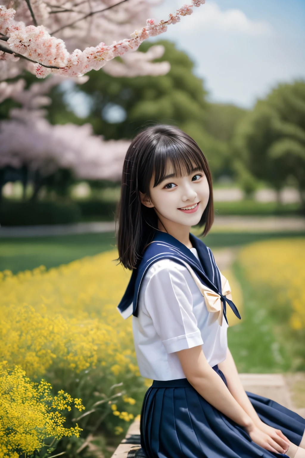 masterpiece, Best Quality, 8K, 1 girl, (18 years old), Teen ager, smile, Solo, (A super cute idol-like face:1.2), Delicate girl, Black hair, middle bob hair, straight hair, bangs, Looking at Viewer, Candid, Sophisticated, Professional Lighting, Film grain,  whole body, beautiful figure, The background is a field of yellow rape blossoms and rows of cherry blossom trees,  (White shirt, sailor school uniform, navy pleated skirt:1.2), tiny chest, Sitting on the bench,