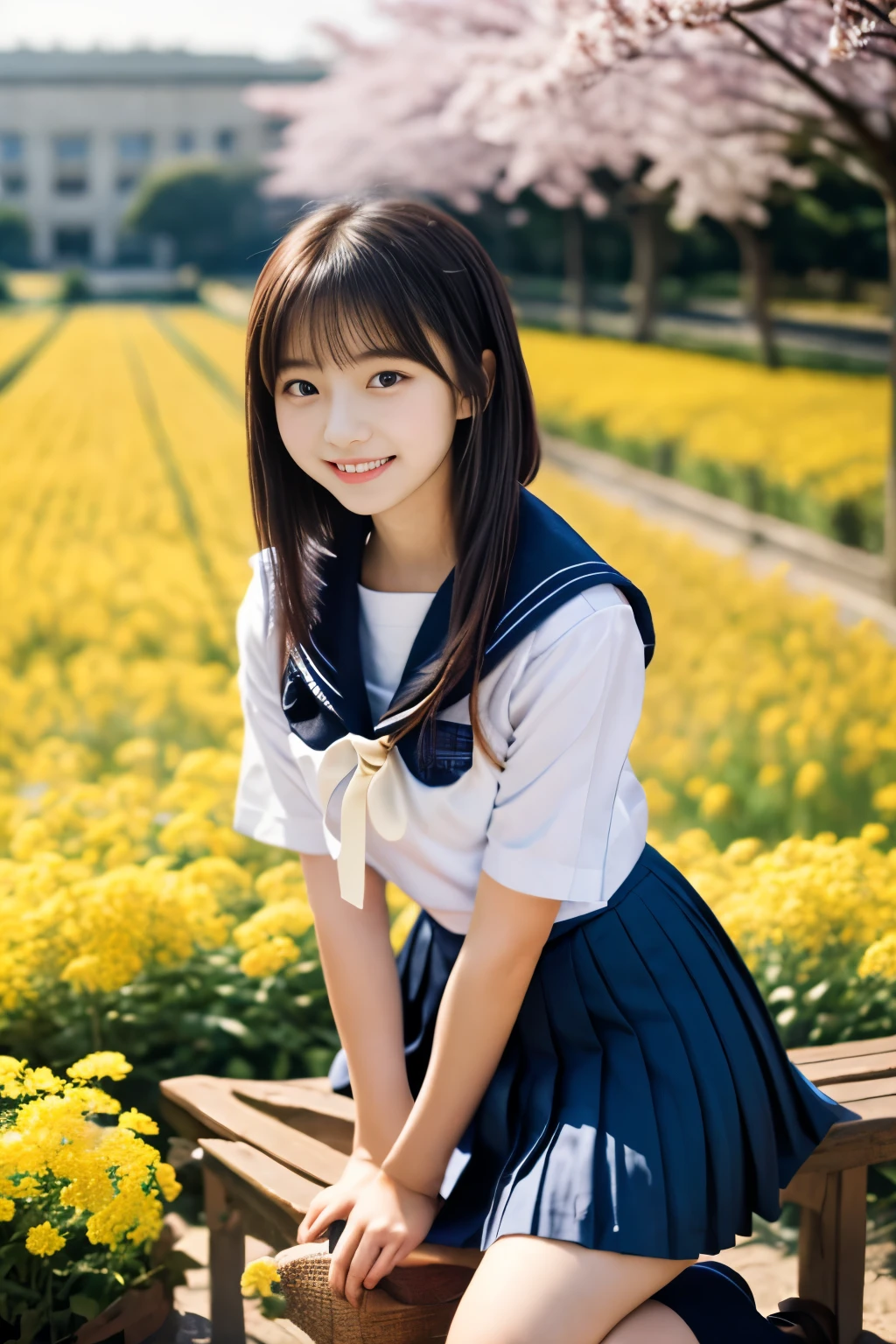 masterpiece, Best Quality, 8K, 1 girl, (18 years old), r, smile, Solo, (A super cute idol-like face:1.2), Delicate girl, Black hair, middle bob hair, straight hair, bangs, Looking at Viewer, Candid, Sophisticated, Professional Lighting, Film grain,  whole body, beautiful figure, The background is a field of yellow rape blossoms and rows of cherry blossom trees,  (White shirt, sailor school uniform, navy pleated skirt:1.2), tiny chest, Sitting on the bench,