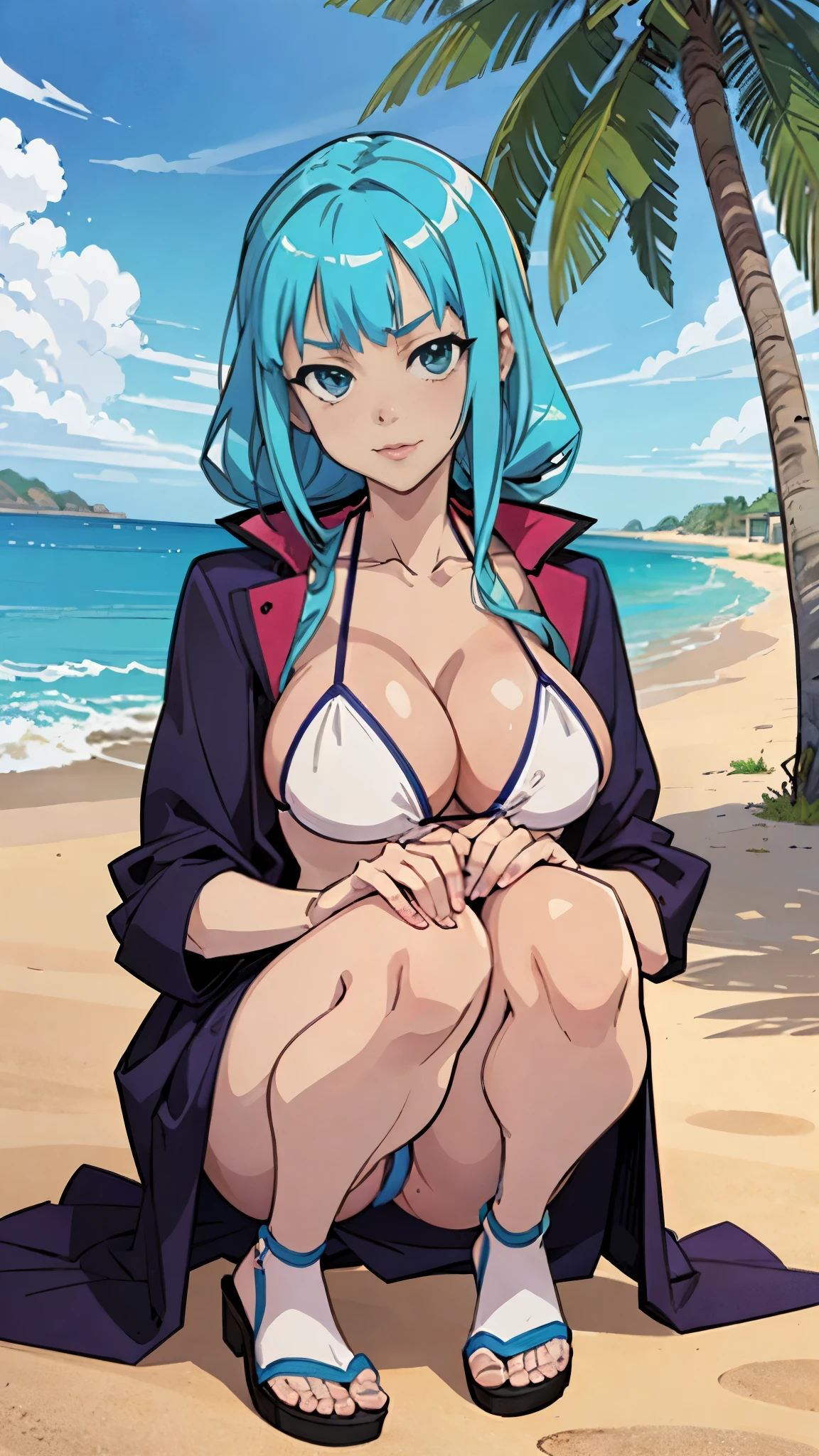 ((masterpiece)), ((highest quality)), (super detailed), ((cute)), ((sexy)), (device), ((very detailed)), 4K, (8K), highest quality, anime girl in bikini sitting on a beach with palm trees, seductive anime girl, extremely detailed types of bacteria, beautiful and attractive anime woman, realistic bikini, tall woman, big breasts, Because I'm slender,beautiful anime girl, beautiful anime girl squatting, Beautiful charming anime , up to the model | types of bacteria, (anime girl), Smooth anime CG art, attractive anime girl, beautiful anime woman,adult, 35 years old, Beautiful woman, blue hair,