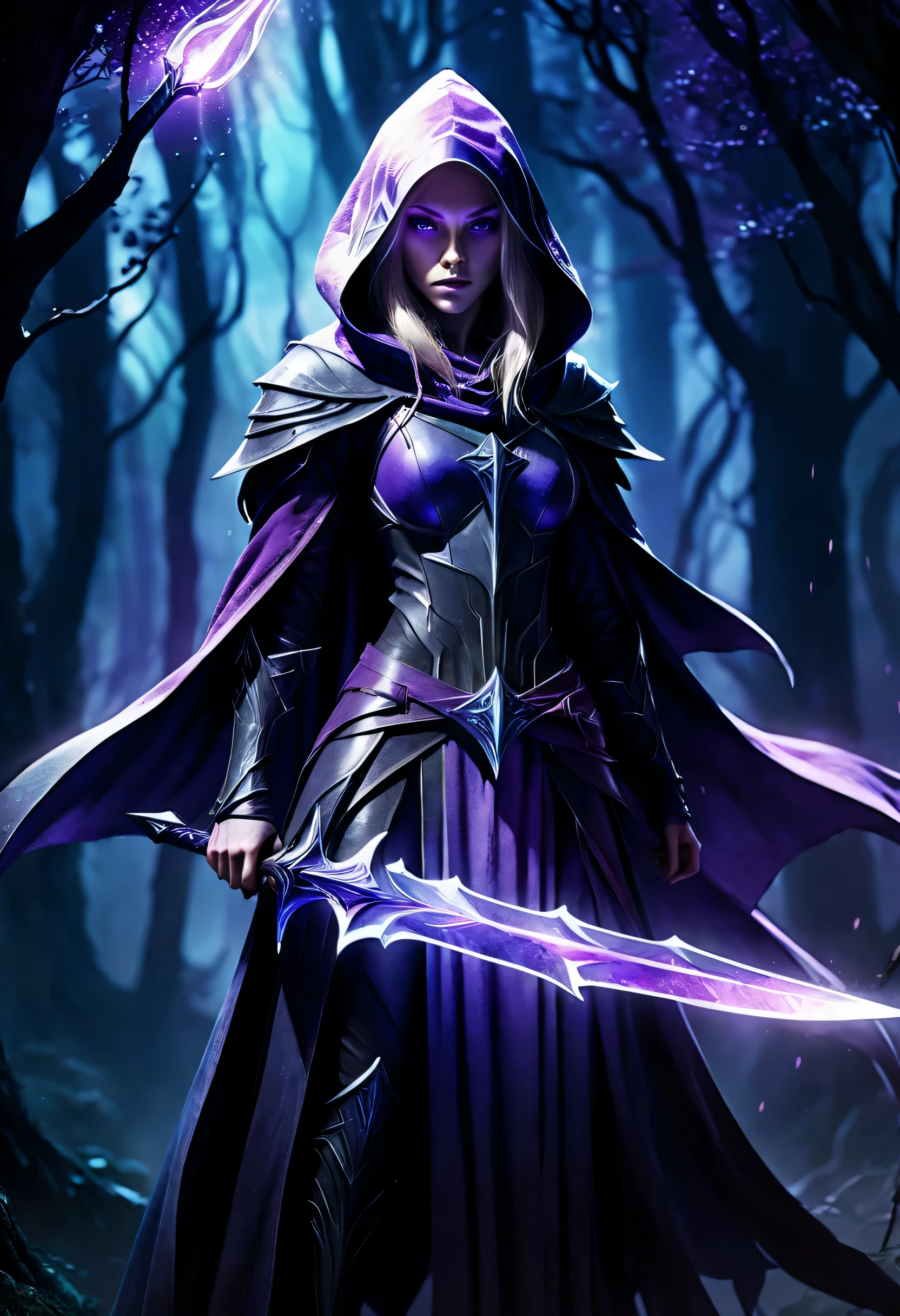 Ultra detailed watercolor painting of a dark and brooding elven female Hexblade creature with light hair, hooded, wielding a purple glowing glaive, standing in shadows, dynamic pose, anime style, dimly lit fantasy realm environment, mid shot, rule of thirds depth of field intricate details, concept art, subtle colors, fantastical realm, extremely detailed, ultra sharp focus, light particles, attention to detail, grandeur and awe, cinematic, stunning visual masterpiece, double exposure, 8k strong outlines, cinematographic scene, 