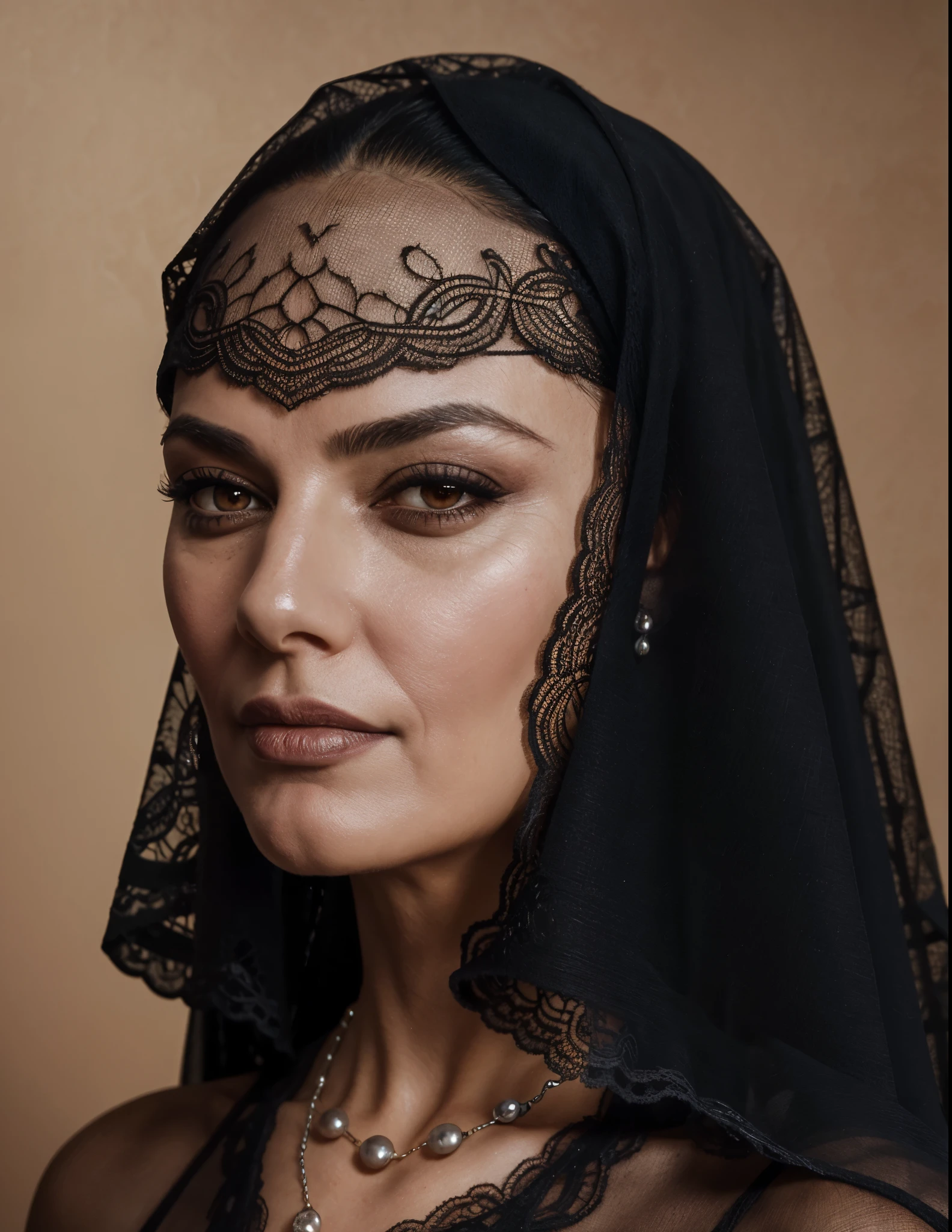 portrait of a ugly woman aged 43, sinister face, black lace veil on her head, black hair combed smoothly, brown eyes, modest silver necklace, black lace dress, dark background, raytracing, masterpiece, photorealistic