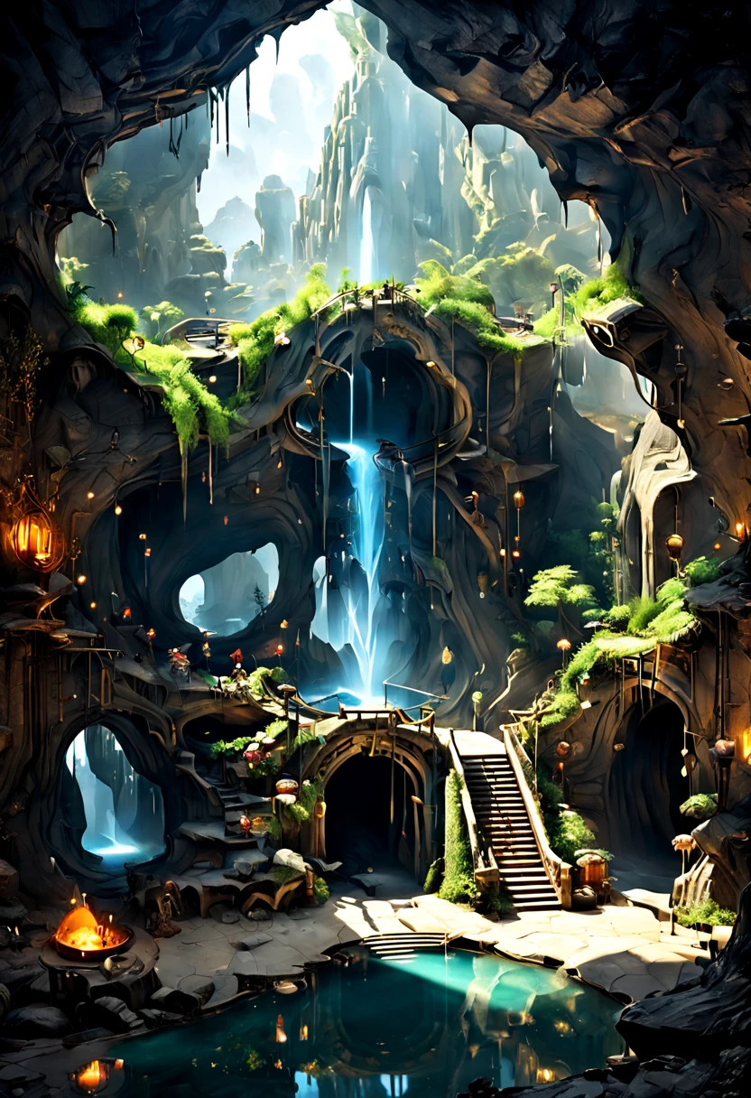 Forgotten Gate of Time and Space.Underground cave room with waterfall,Forgotten Gate of Time and Space/Forgotten Gate of Time and Space/The Forgotten Gate of Time and Space Fantasy Design, Luxurious environment, underground cave environment,, Beautiful fantasy cave scene, futuristic setting,Forgotten Gate of Time and Space