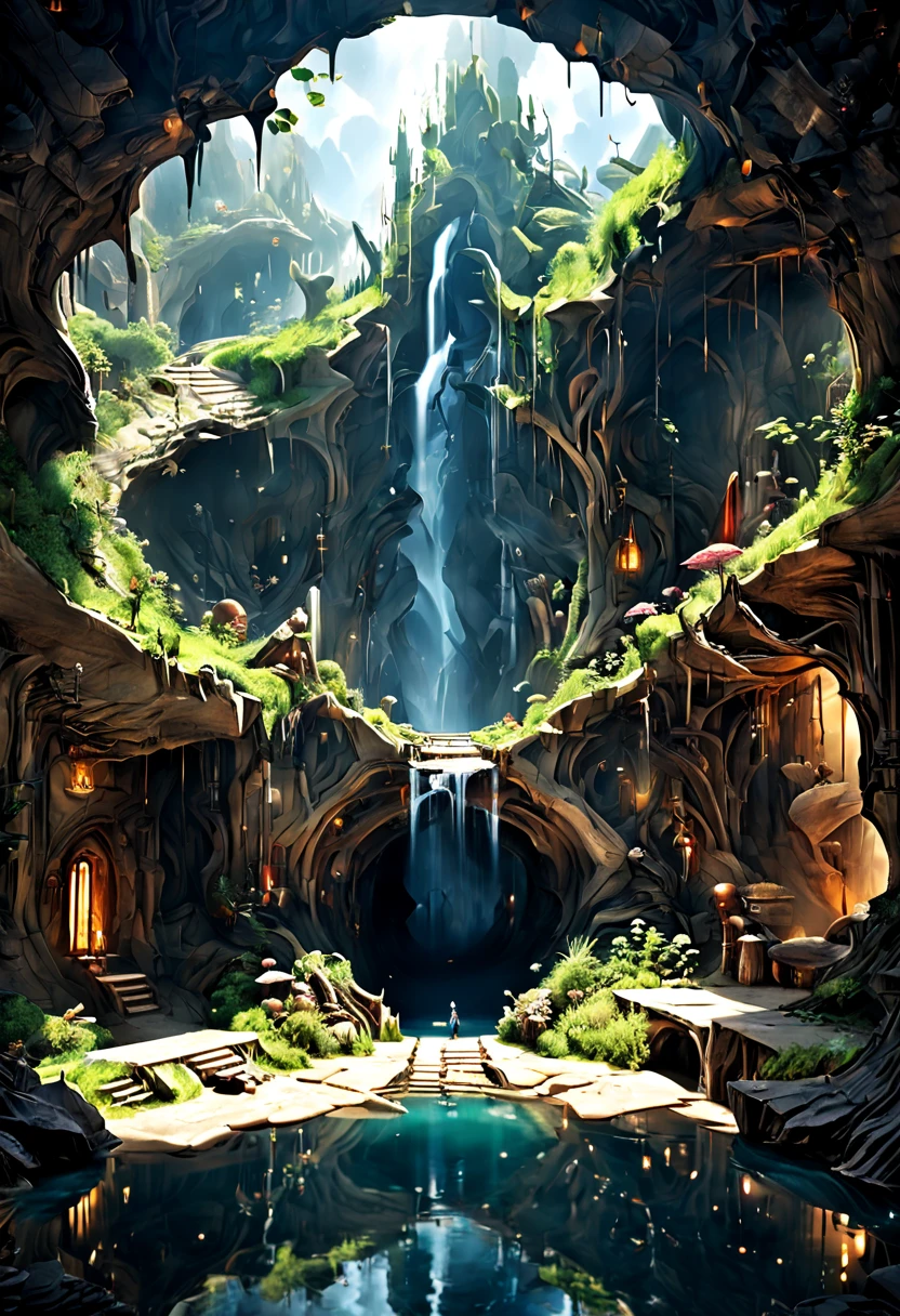 Forgotten Gate of Time and Space.Underground cave room with waterfall,Forgotten Gate of Time and Space/Forgotten Gate of Time and Space/The Forgotten Gate of Time and Space Fantasy Design, Luxurious environment, underground cave environment,, Beautiful fantasy cave scene, futuristic setting,Forgotten Gate of Time and Space