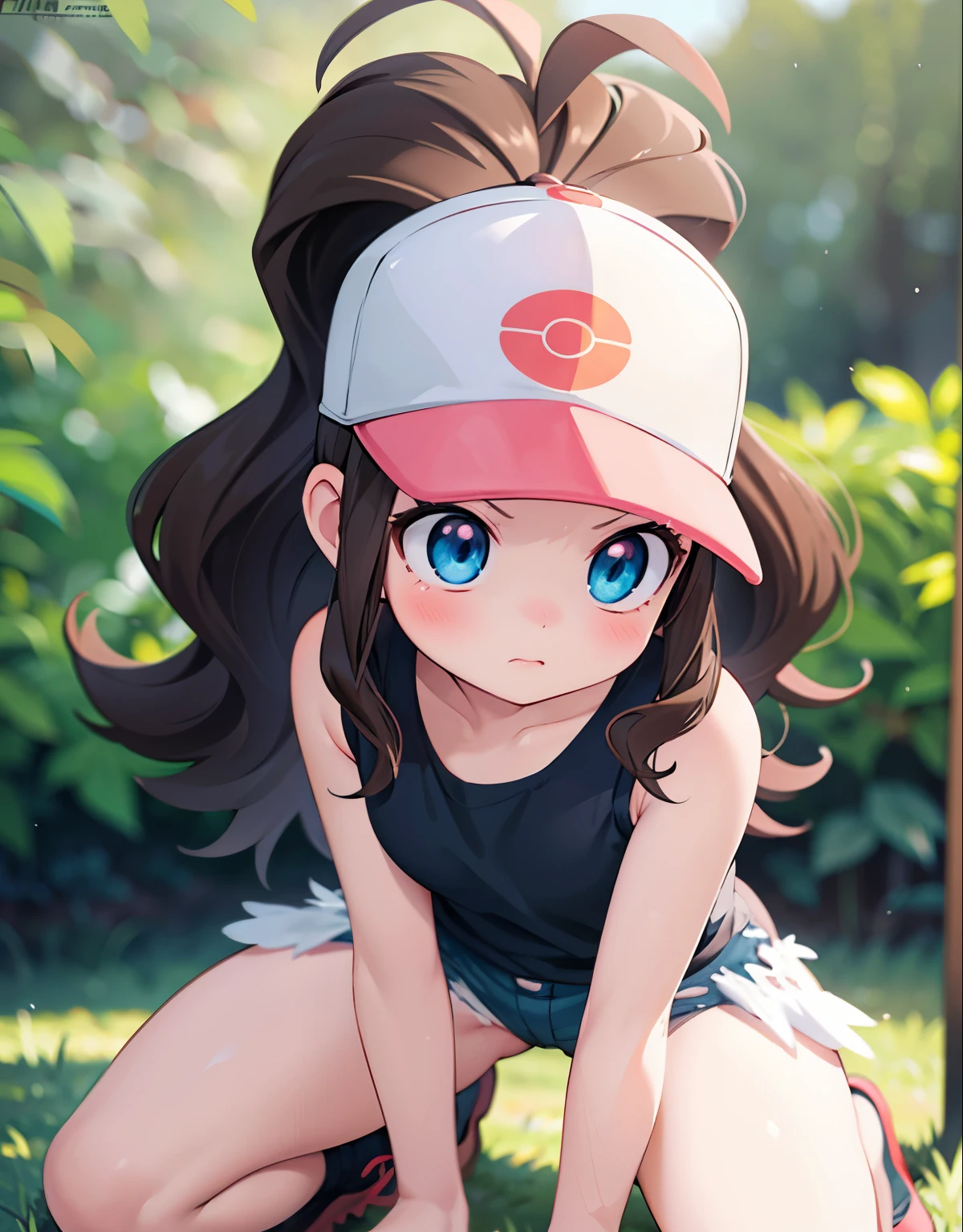 hilda pokemon,def1,visible thighs,thick thighs,thighs in the foreground,annoyed look,beautiful eyes,detailed eyes,body shape,encanto femenino,nsfw,tight clothing,kneeling,(best quality,4k,8k,highres,masterpiece:1.2),ultra-detailed,(realistic,photorealistic,photo-realistic:1.37),HDR,UHD,studio lighting,ultra-fine painting,sharp focus,physically-based rendering,extreme detail description,professional,vivid colors,bokeh,portraits,anime