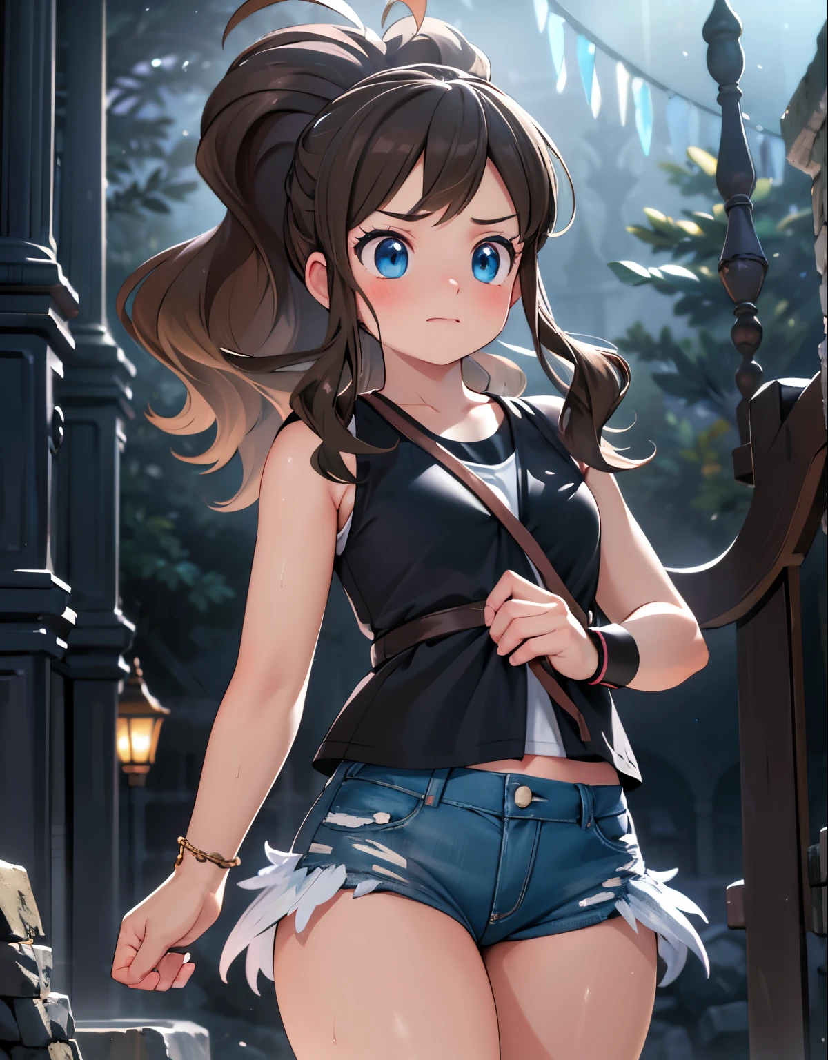 "(best quality,4k,8k,highres,masterpiece:1.2),ultra-detailed,(realistic,photorealistic,photo-realistic:1.37),hilda pokemon, def1, visible thighs, thick thighs, thighs in the foreground, annoyed look, beautiful eyes, detailed eyes, body shape, encanto femenino, nsfw, dentro de una alcantarilla, de rodillas, oil painting, gritty texture, dark and moody atmosphere, vibrant colors, dramatic lighting, intense shadows, mystical surroundings, fantasy elements, dynamic composition, energetic brushwork, mysterious aura, magical girl aesthetic, youthful spirit, emotional expression, evocative atmosphere"