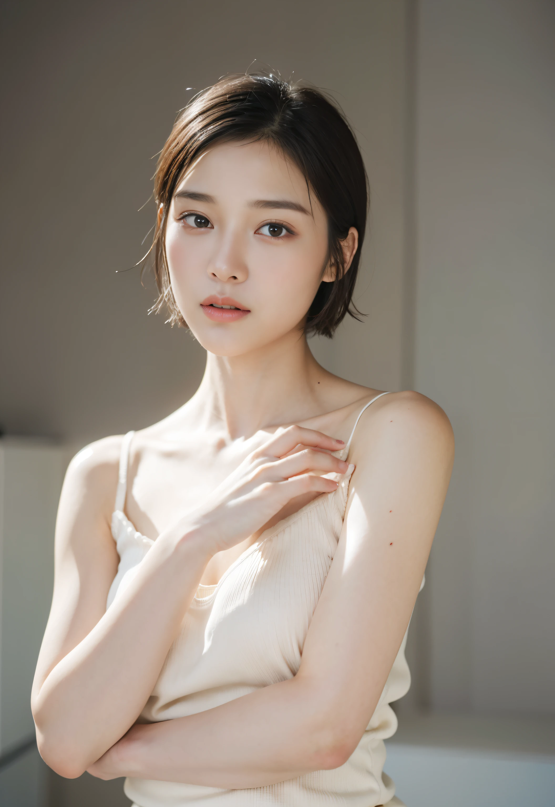 (masterpiece:1.3), (8k, photorealistic, RAW photo, best quality: 1.4), (1girl), beautiful face, (realistic face), (black hair, short hair:1.3), beautiful hairstyle, realistic eyes, beautiful detailed eyes, (realistic skin), beautiful skin, (sweater), absurdres, attractive, ultra high res, ultra realistic, highly detailed, golden ratio