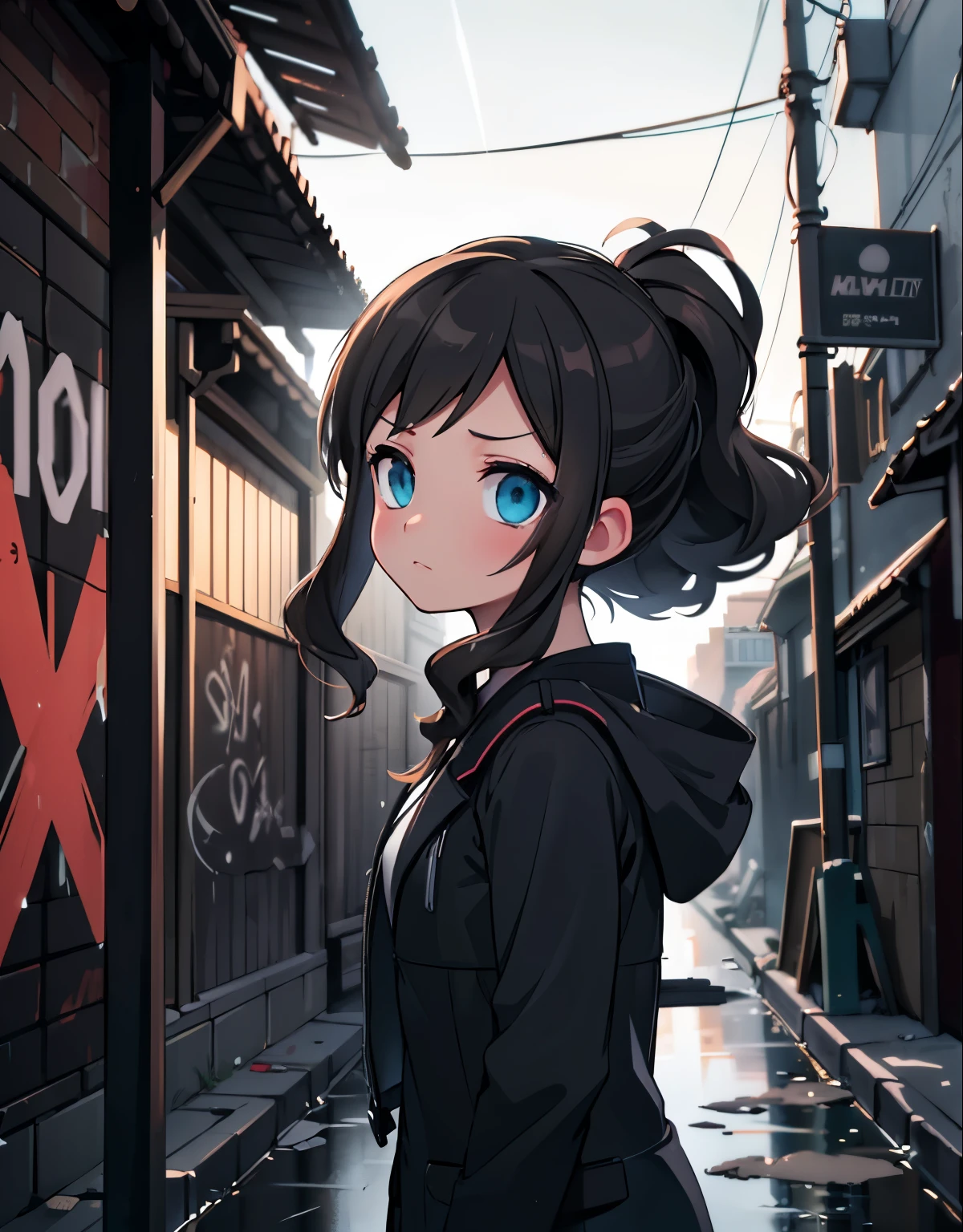 (best quality,highres:1.2),realistic lighting,painted style,vivid colors,dramatic atmosphere,emotional expression,urban setting,detail-focused,pensive mood,soft shadows,beautifully textured walls,blurred background,dappled lighting,cinematic quality,intense emotions,gritty ambiance,emotional storytelling,candid portrait,graffiti-covered walls,faded neon lights,mysterious vibe,longing gaze,expressive eyes,run-down buildings,damp alley,shattered glass,loneliness,contrast of light and dark,urban decay,moody setting,reflective puddles,desolate streets,emotive character portrait.