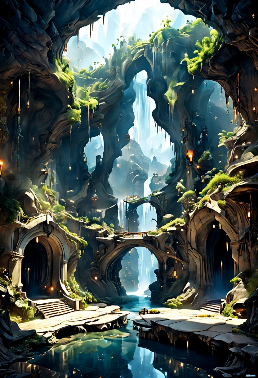 Forgotten Gate of Time and Space.Underground cave room with waterfall,Forgotten Gate of Time and Space/Forgotten Gate of Time and Space/The Forgotten Gate of Time and Space Fantasy Design, Luxurious environment, underground cave environment,, Beautiful fantasy cave scene, futuristic setting,Forgotten Gate of Time and Space