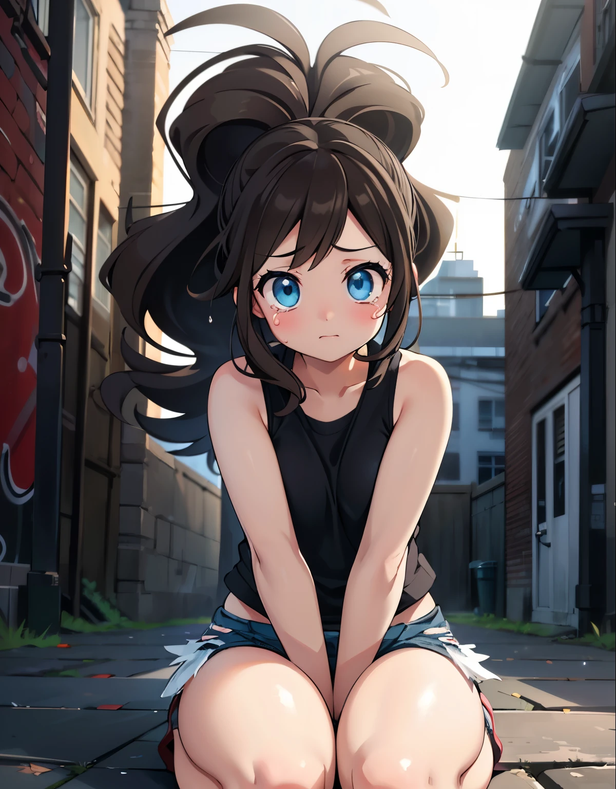 Hilda Pokemon,dark alley,sitting on her legs,knees together,visible thighs,thick thighs,curvy body,tears running down her face,wiping her tears,looking at the camera,torn clothes,(best quality,4k,8k,highres,masterpiece:1.2),ultra-detailed,(realistic,photorealistic,photo-realistic:1.37),gritty,grungy,dimly lit,dramatic lighting,emotionally charged,detailed background,broken bricks and graffiti,abandoned building,despair,loneliness,shadows and highlights,hopelessness,bright color palette,stylish pose,hair blowing in the wind,determined expression,captivating eyes