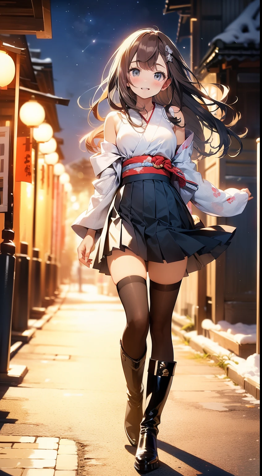 ((masterpiece, best quality, high resolution, ultra high definition, Pixel perfect, wide angle, 4K, RTX, human development report))), 1girl in, single, alone, Beauty、see whole body、 (( Reddish-brown hair , very long hair , Short Liuhai )), ((blue eyes, beautiful eyelashes, realistic eyes)), ((Detailed face, blush:1.2)), ((smooth texture:0.75, lifelike质感:0.65, lifelike:1.1, Anime CG style)), medium breasts, Perfect body, ((Japanese kimono, pleated skirt, bare shoulders ,Black tights ,Black boots)), Smile, Hands holding skirt ,Go up from the slope, (The wind blows the long hair,bare shoulders、Black tights、Black boots) , It snows at night