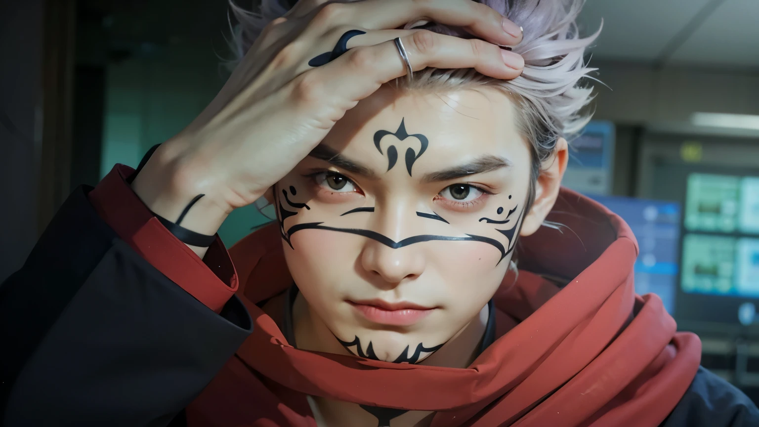 A male with spiky hair wearing black hoodie with tattoo on his face holding back his hair