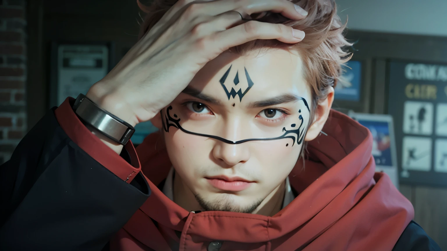 A male with spiky hair wearing black hoodie with tattoo on his face holding back his hair
