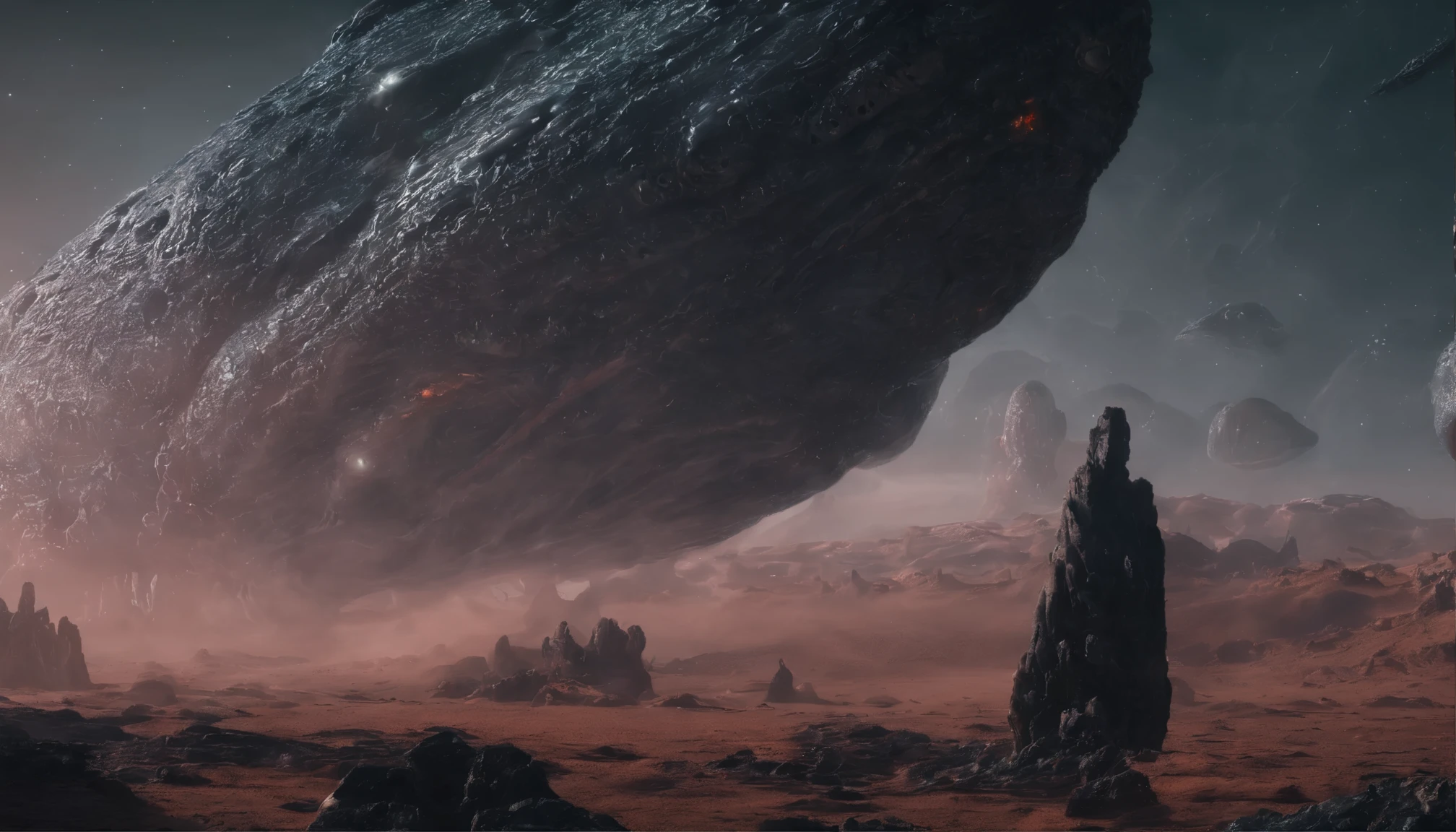 bright viscous mucus covered with round black meteorite in a volumetric and foggy alien tentacle landscape