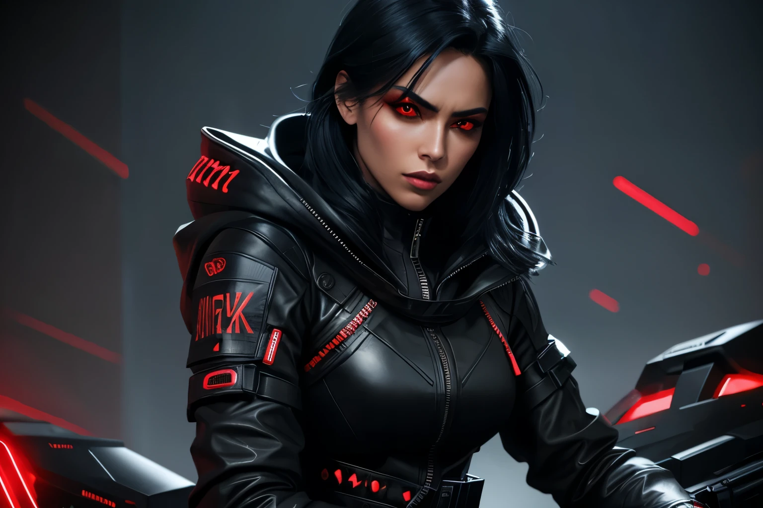 a close up of a woman in a leather outfit, red glowing eyes, evil girl in a black leather army suit, bright composition female, angry gorgeous goddess, seductive dark fantasy, girl, very well illuminated art, badass 8 k, 3 d render character art 8 k, beautiful girl, digital Futuristic art, alena aenami and artgerm, jet black haired girl, girl in hoodie