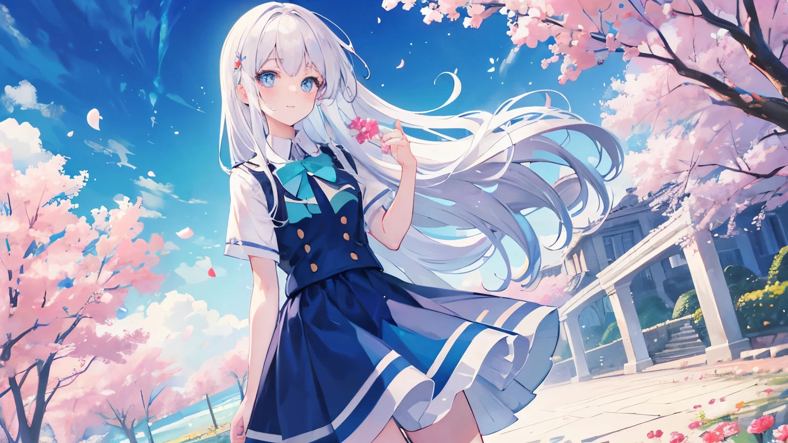 masterpiece, best quality,  girl, white hair, long hair, princess hair, slim waist, school uniform, blushing hard, bright blue sky, aqua eyes, shy expression, composition, perspective, flowers, beautiful scenery, fantasy world, happy pose, smile, dynamic pose