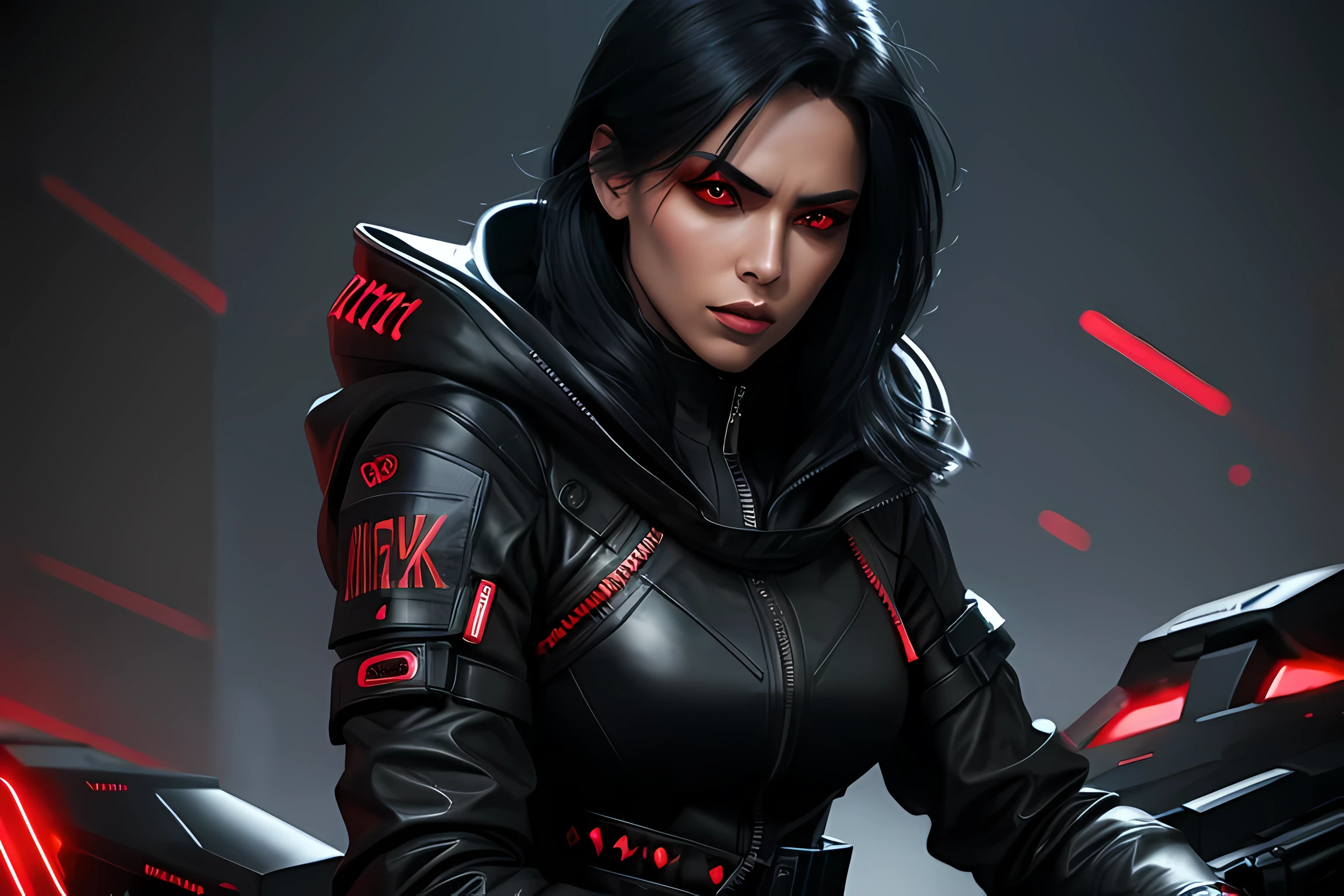 a close up of a woman in a leather outfit, red glowing eyes, evil girl in a black leather army suit, bright composition female, angry gorgeous goddess, seductive dark fantasy, girl, very well illuminated art, badass 8 k, 3 d render character art 8 k, beautiful girl, digital Futuristic art, alena aenami and artgerm, jet black haired girl, girl in hoodie