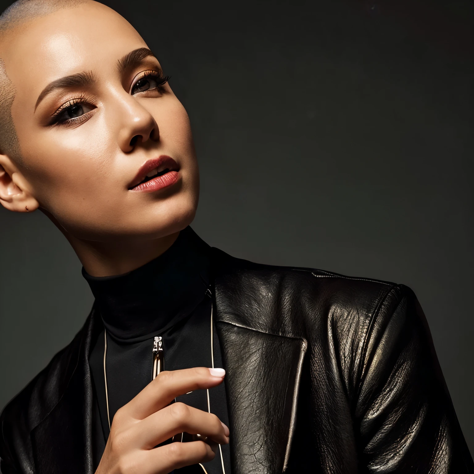 A woman bald hair wearing jacket black smoking cigar closeup