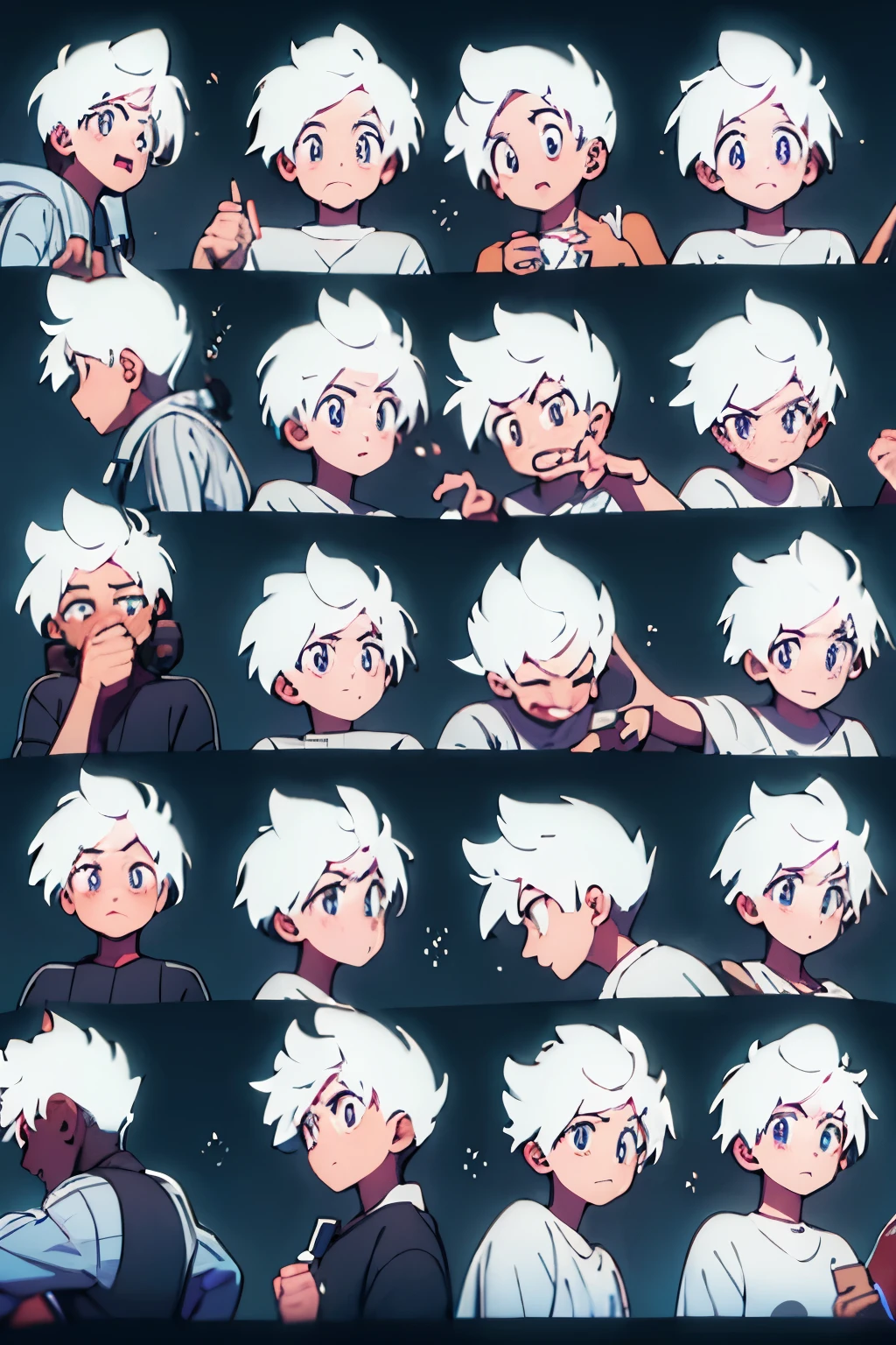 creates the image of a boy, with white hair, with lunar details, 9 emojis, 9 differente emotions