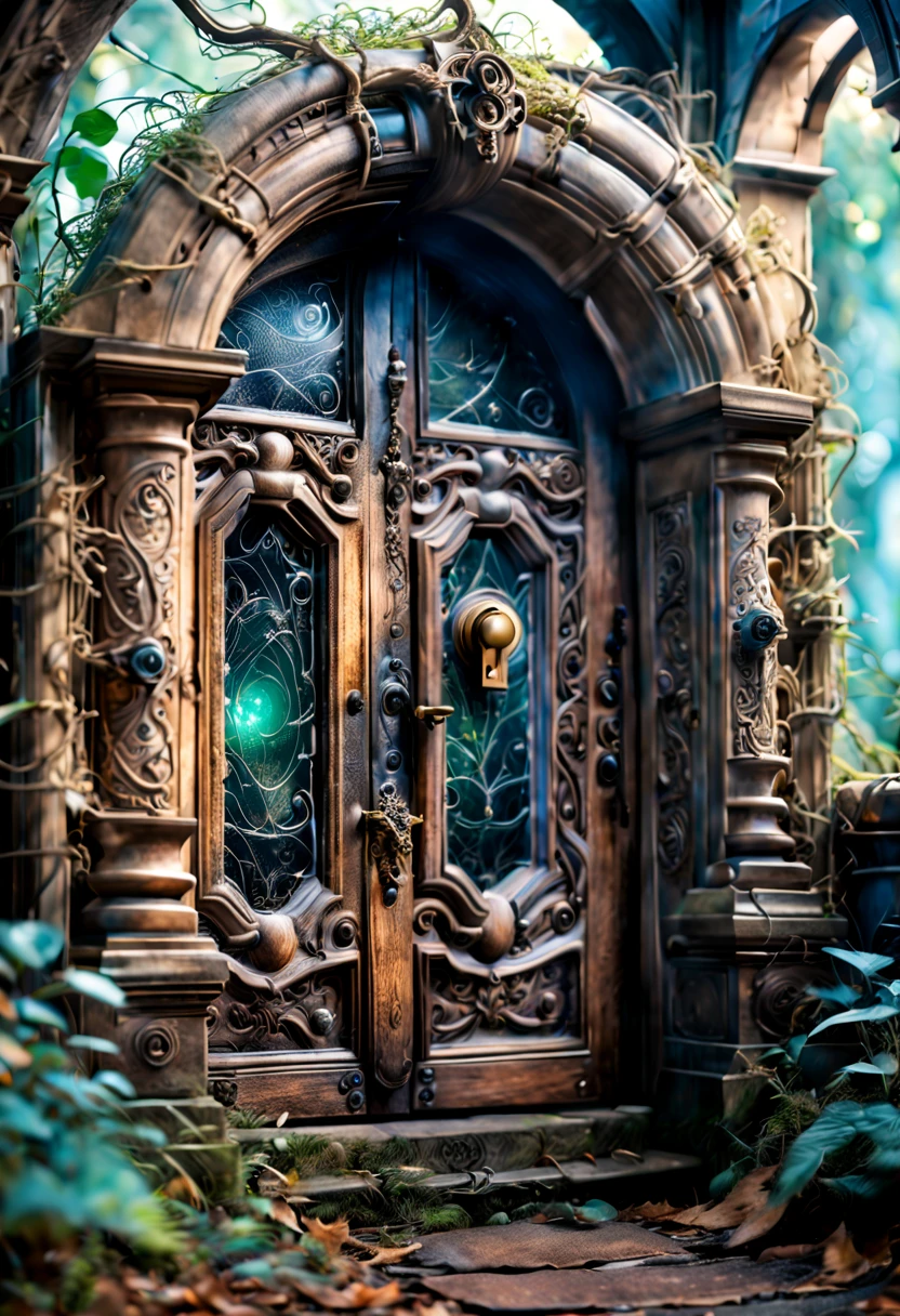 a forgotten door of time and space,old wooden door with intricate carvings,aged brass doorknob and keyhole,dusty and cobweb-covered entrance,hints of mysterious glow peeking from behind the door,dreamlike atmosphere,tangled vines and foliage around the door,magic symbols engraved on the doorframe,whispering winds carrying whispers of forgotten secrets,eerie silence and anticipation,otherworldly colors and lighting,vintage and antique aesthetic,imagination that transports to different dimensions,mystical and mythical creatures lurking beyond the door,ancient and unexplored realms waiting to be discovered,lost memories and forgotten stories,portal to various time periods and universes,enchanted portal hidden in a dense forest,curiosity and adventure,transcendence of time and space,aura of wonder and mystery.(best quality,4k,8k,highres,masterpiece:1.2),ultra-detailed,(realistic,photorealistic,photo-realistic:1.37),HDR,UHD,studio lighting,ultra-fine painting,sharp focus,physically-based rendering,extreme detail description,professional,vivid colors,bokeh,concept artists