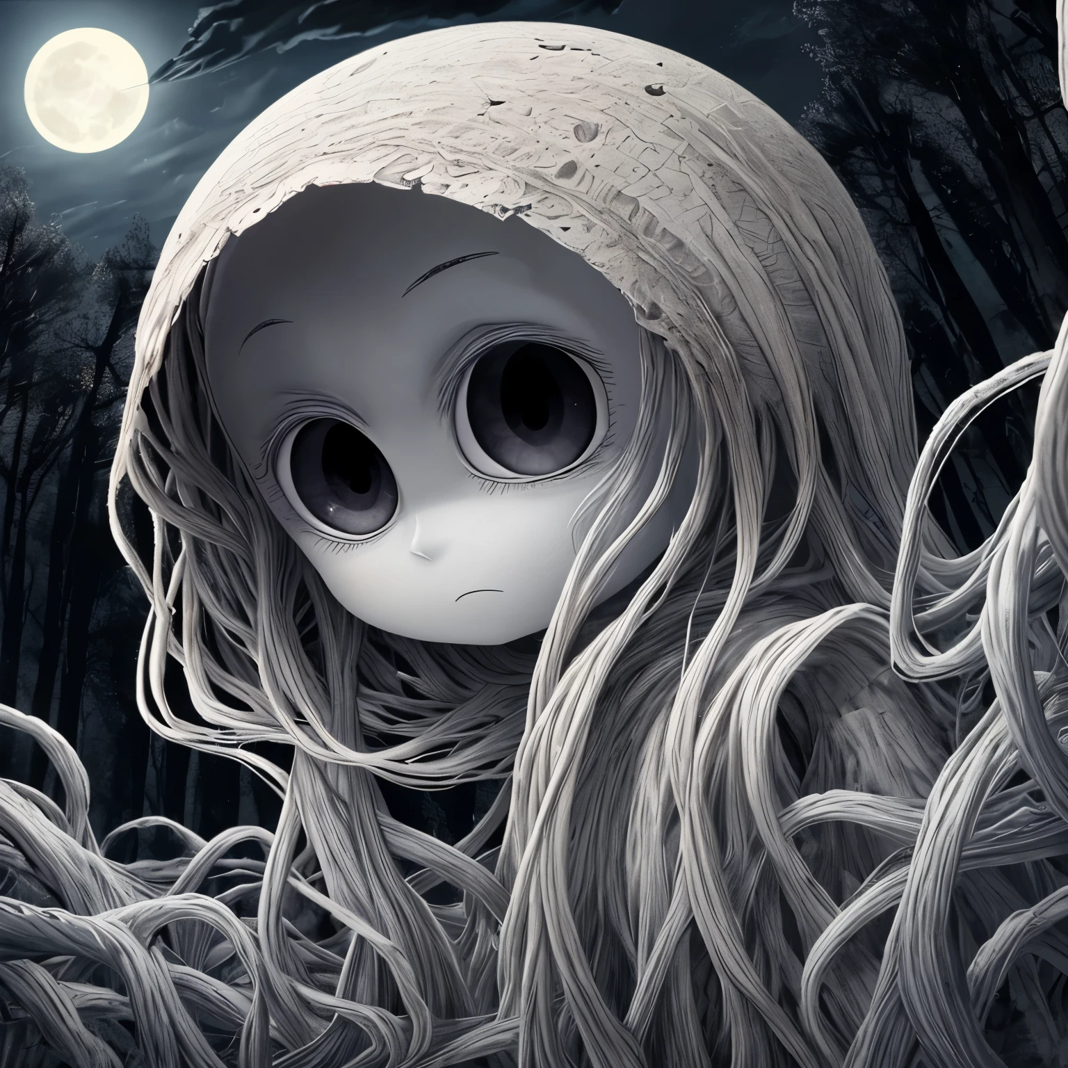  small traditional looking grey alien, (, large head, large black eyes) night time, moonlight clouds forest. Looking Ahead to the camera, not human